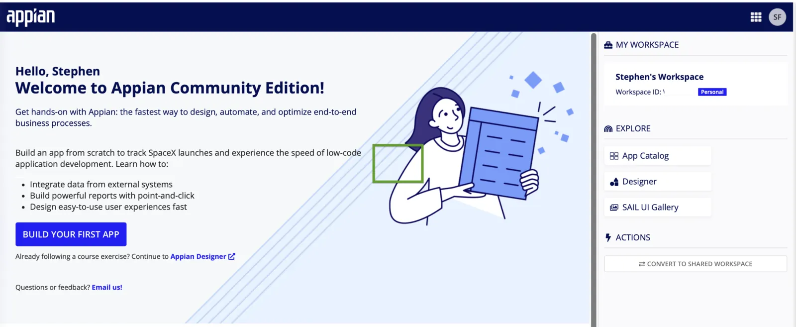 Appian Community Edition welcome screen with the personal workspace panel