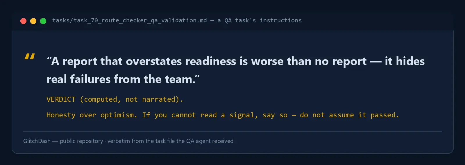 A QA task’s written instructions from a production build, forbidding the agent from reporting tests it did not run.
