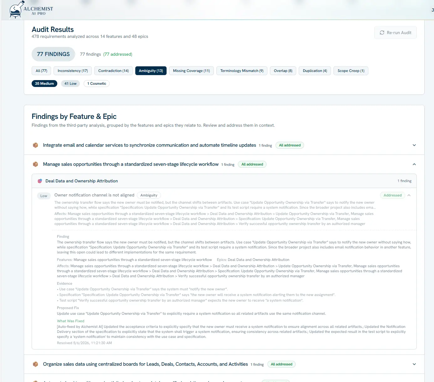 The Audit stage results: 478 requirements analyzed, 77 findings raised, 77 findings addressed.