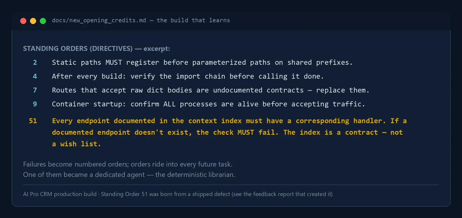 A numbered list of standing orders carried into future tasks, with SO-51 highlighted.