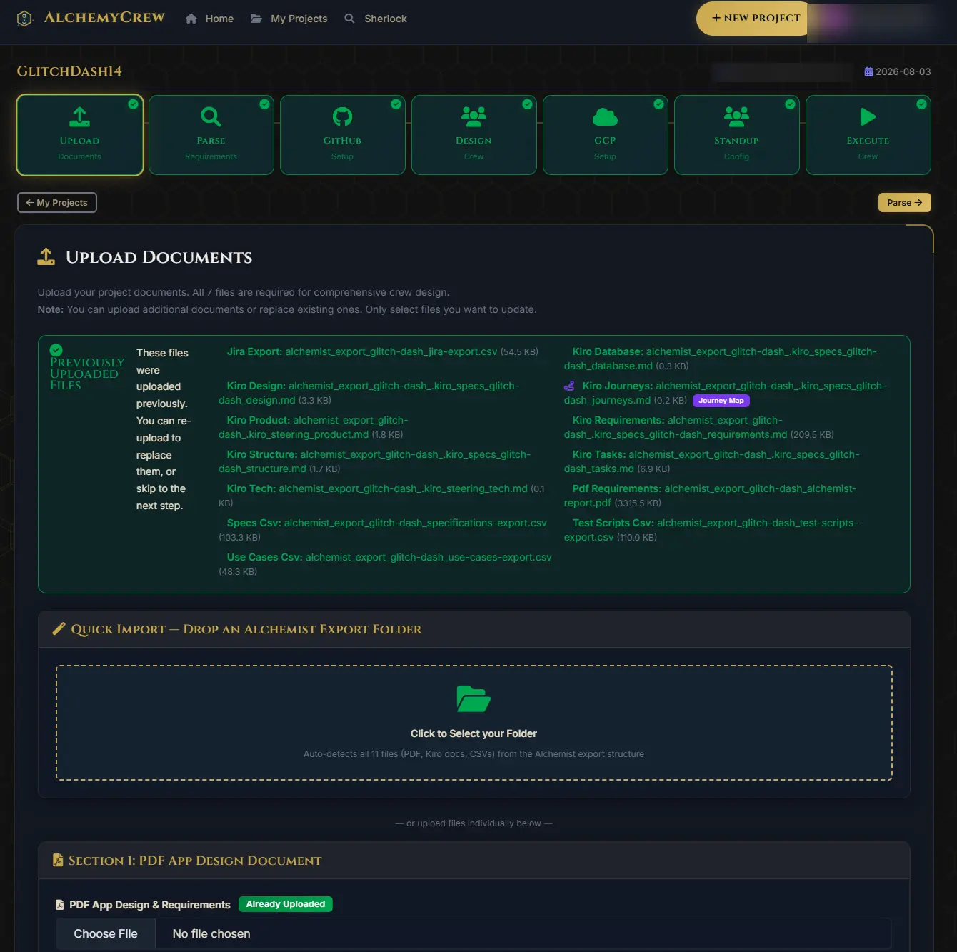 Thirteen alchemist_export_* files being taken in by the Crew as its starting input.