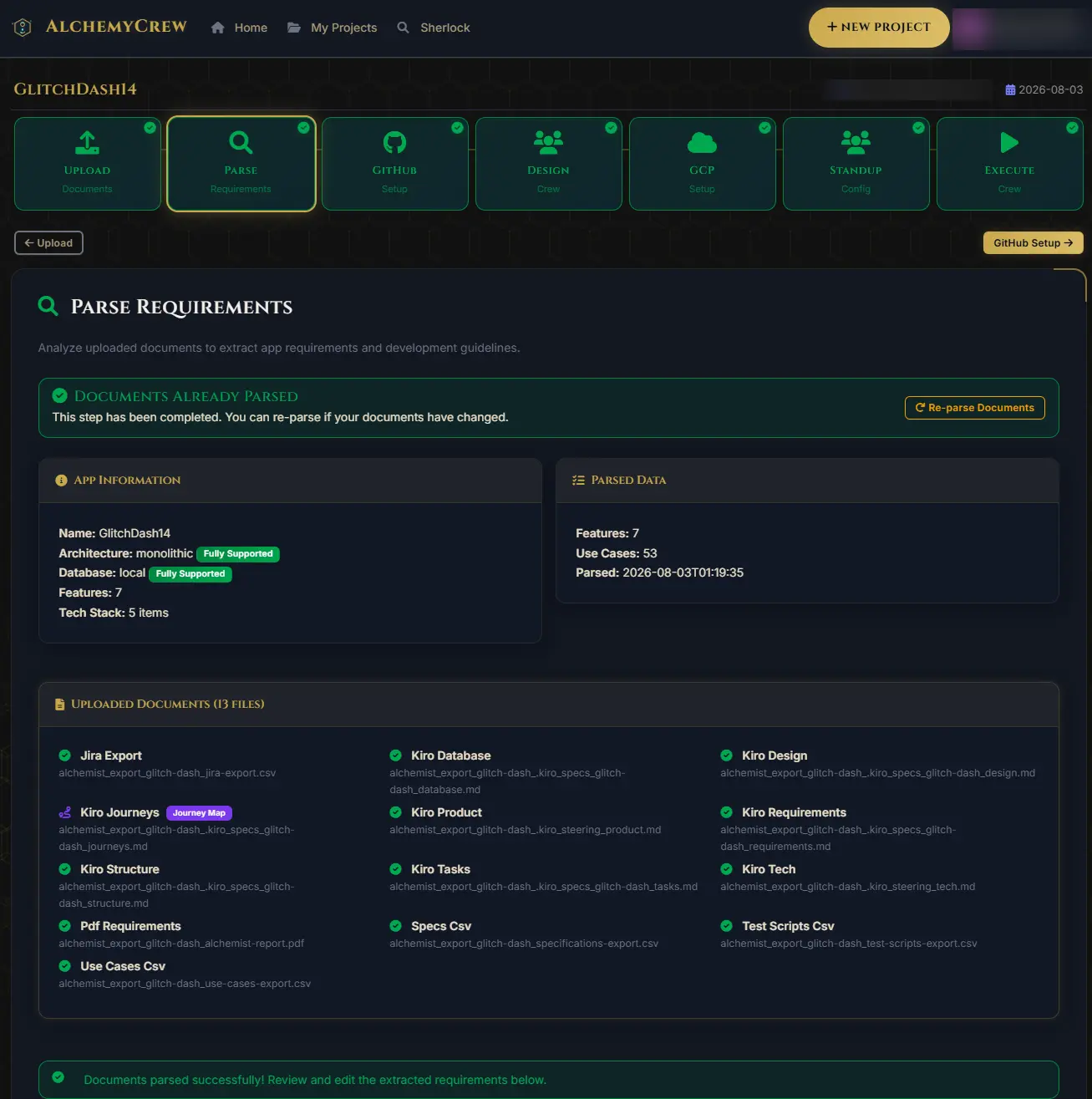 The parse step reporting 7 features and 53 use cases extracted, with a timestamp.