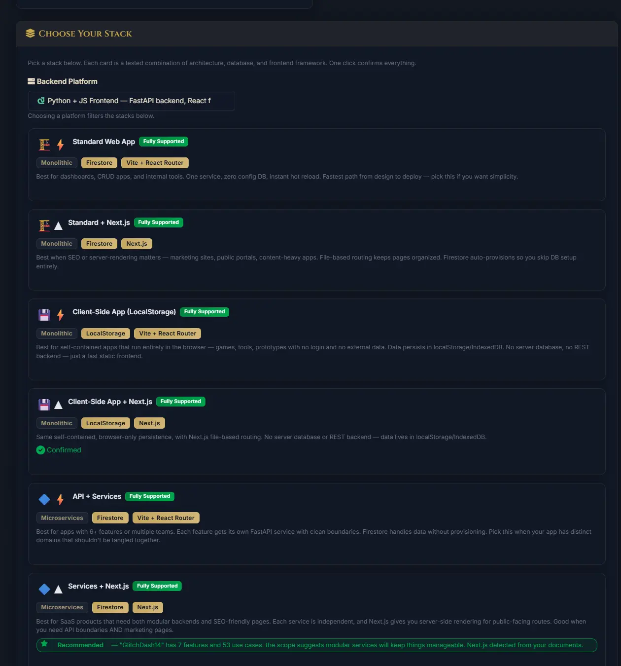 The stack recommendation with its written rationale drawn from the requirements documents.