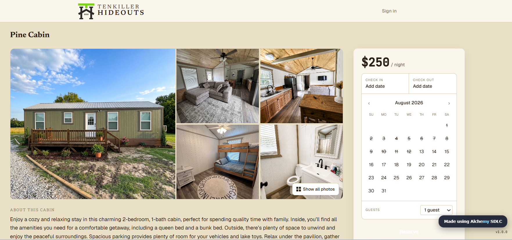 Build two — the live Tenkiller Hideouts booking page, in production.