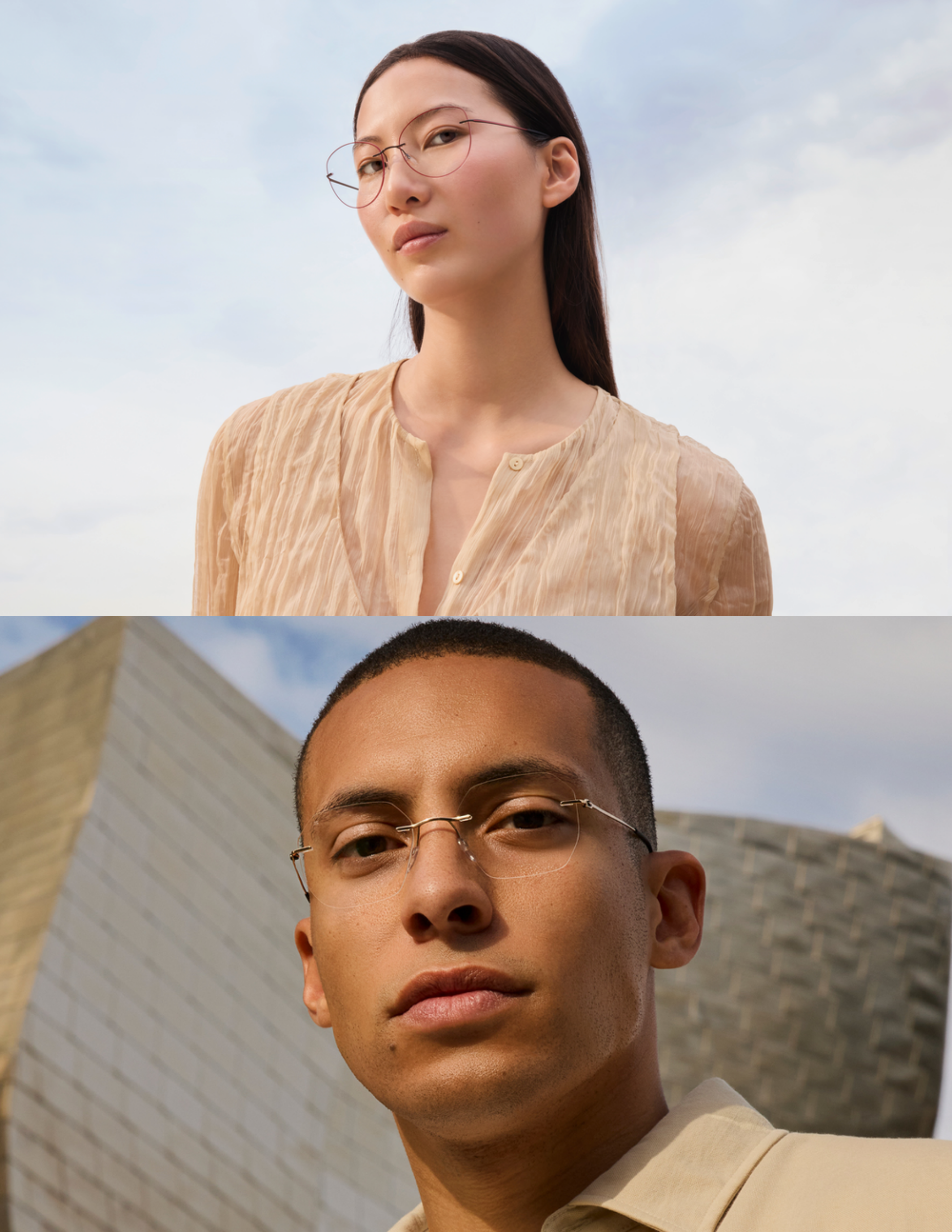 Editorial collage of two models wearing Silhouette optical frames, wearing neutral apparel outdoors against architectural backdrops
