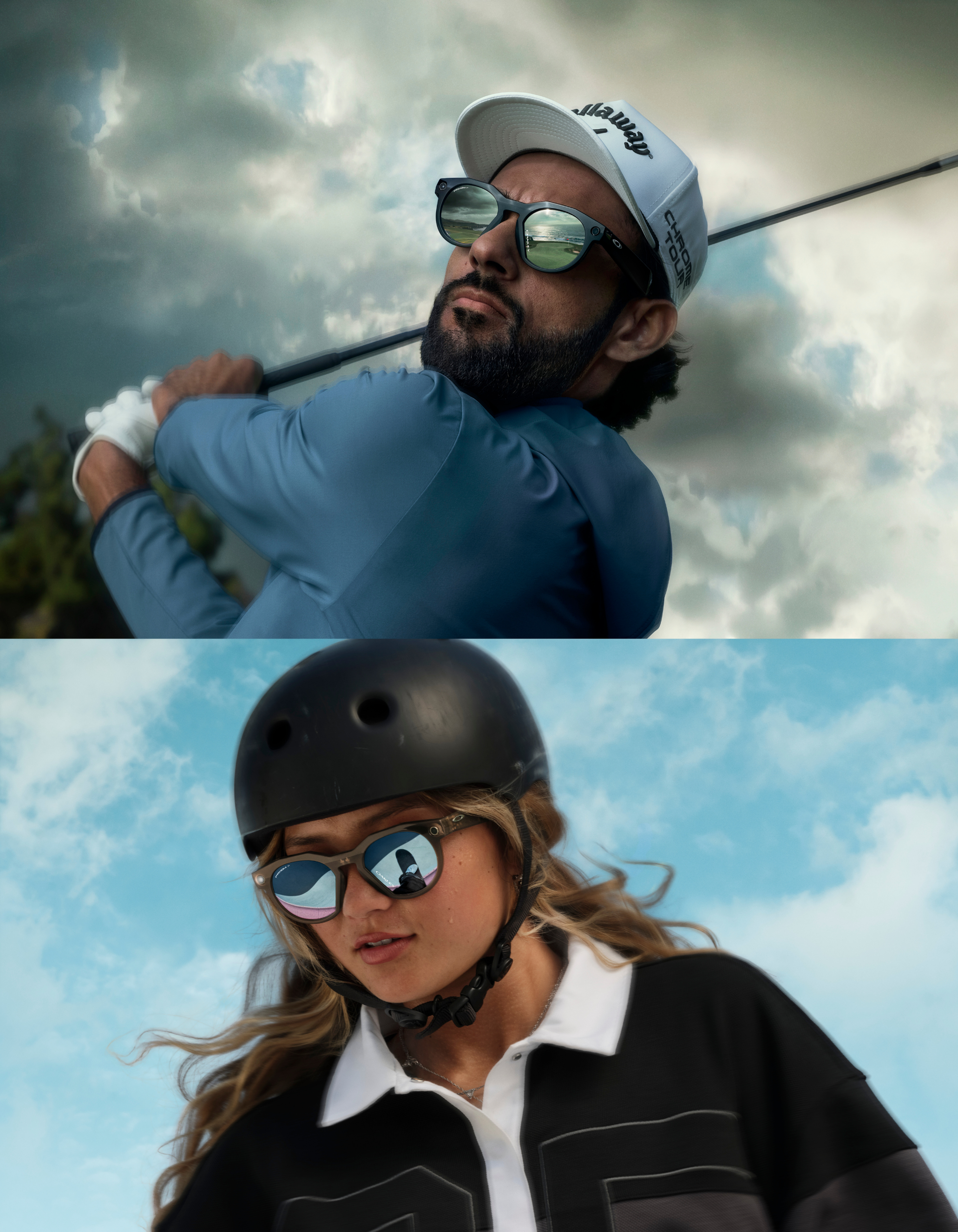 Top image is professional golfer Akshay Bhatia wearing Oakley sunglasses, a cap, and a blue shirt swings a golf club. Bottom image is professional skateboarder Sky Brown in sunglasses and a helmet looks down, wearing a black and white top, with a blue sky background
