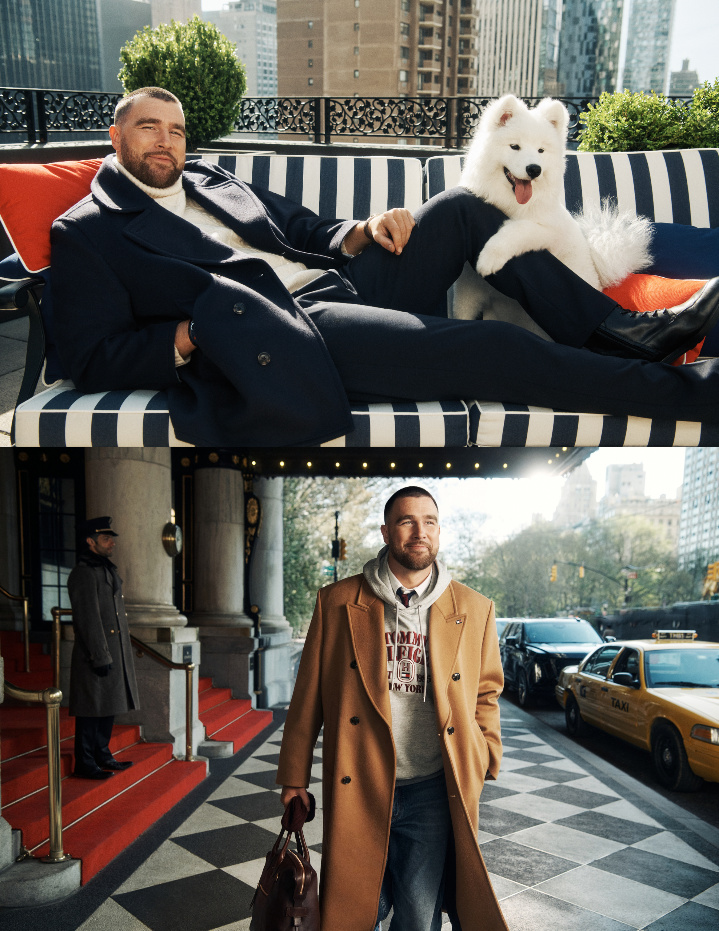 Two photos of Travis Kelce wearing Tommy Hilfiger clothing in New York City