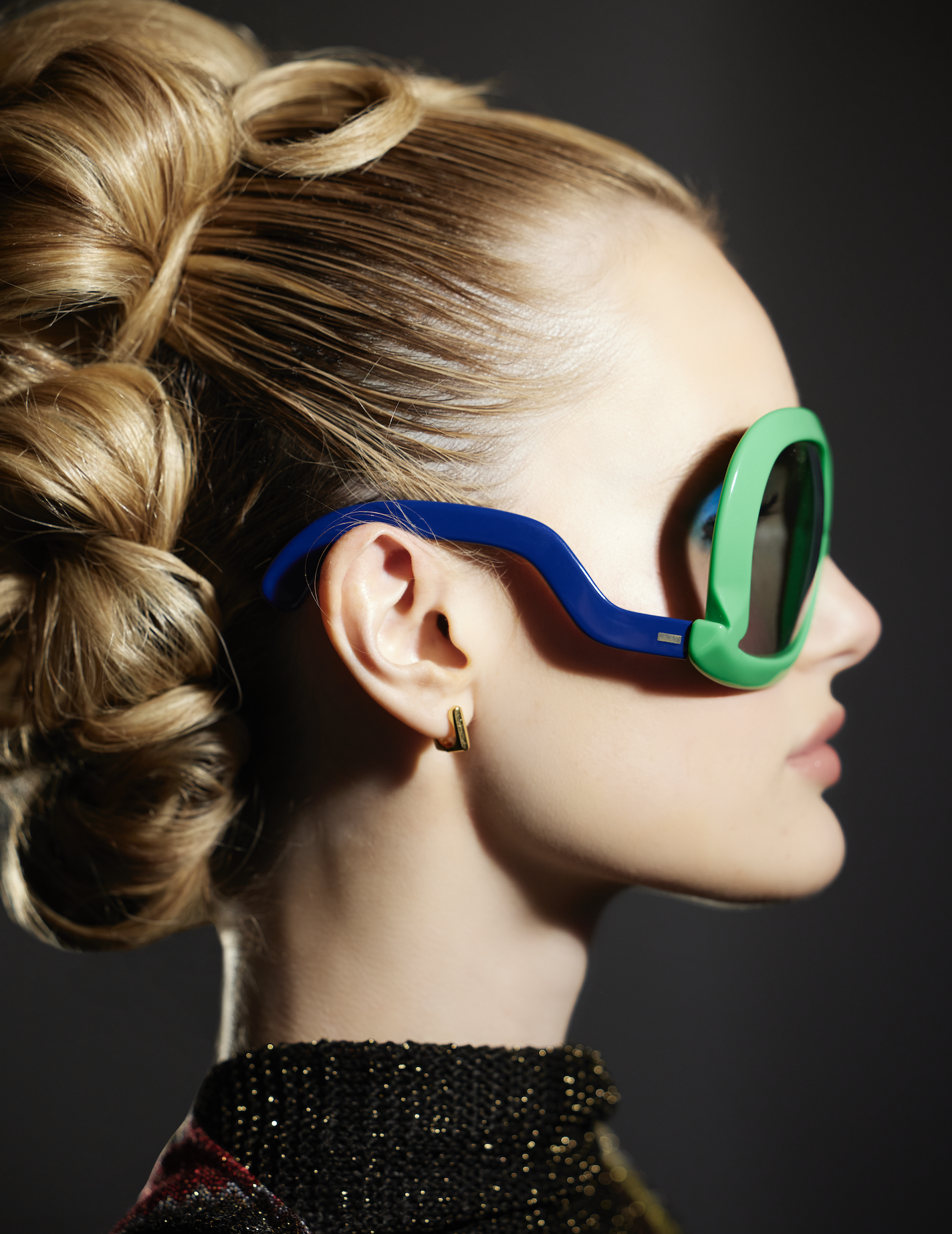 Vintage eyewear from Selima’s archive displayed in a tight crop, highlighting the frame’s unique shape, textured finish, and classic mid-century design elements