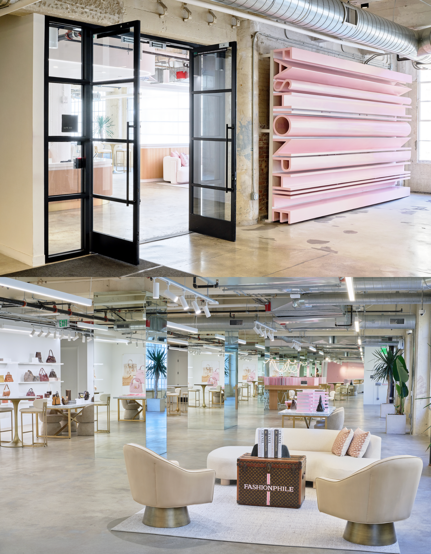 A spacious FASHIONPHILE showroom blends industrial architecture with soft, feminine design elements, featuring mirrored columns, sculptural pink shelving, and thoughtfully styled displays of luxury handbags