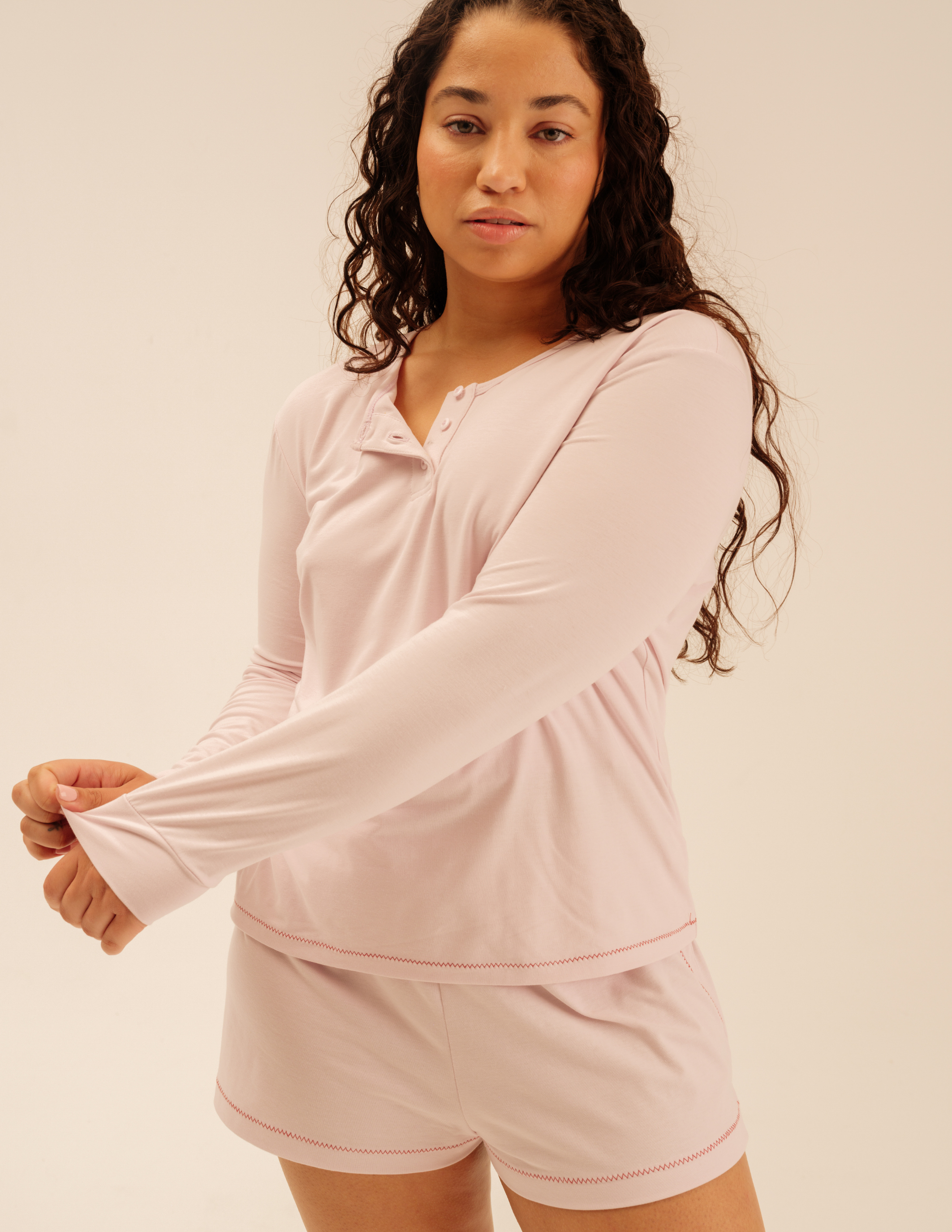 Arid Blayne light pink long-sleeve henley pajama set with matching shorts and contrast stitching