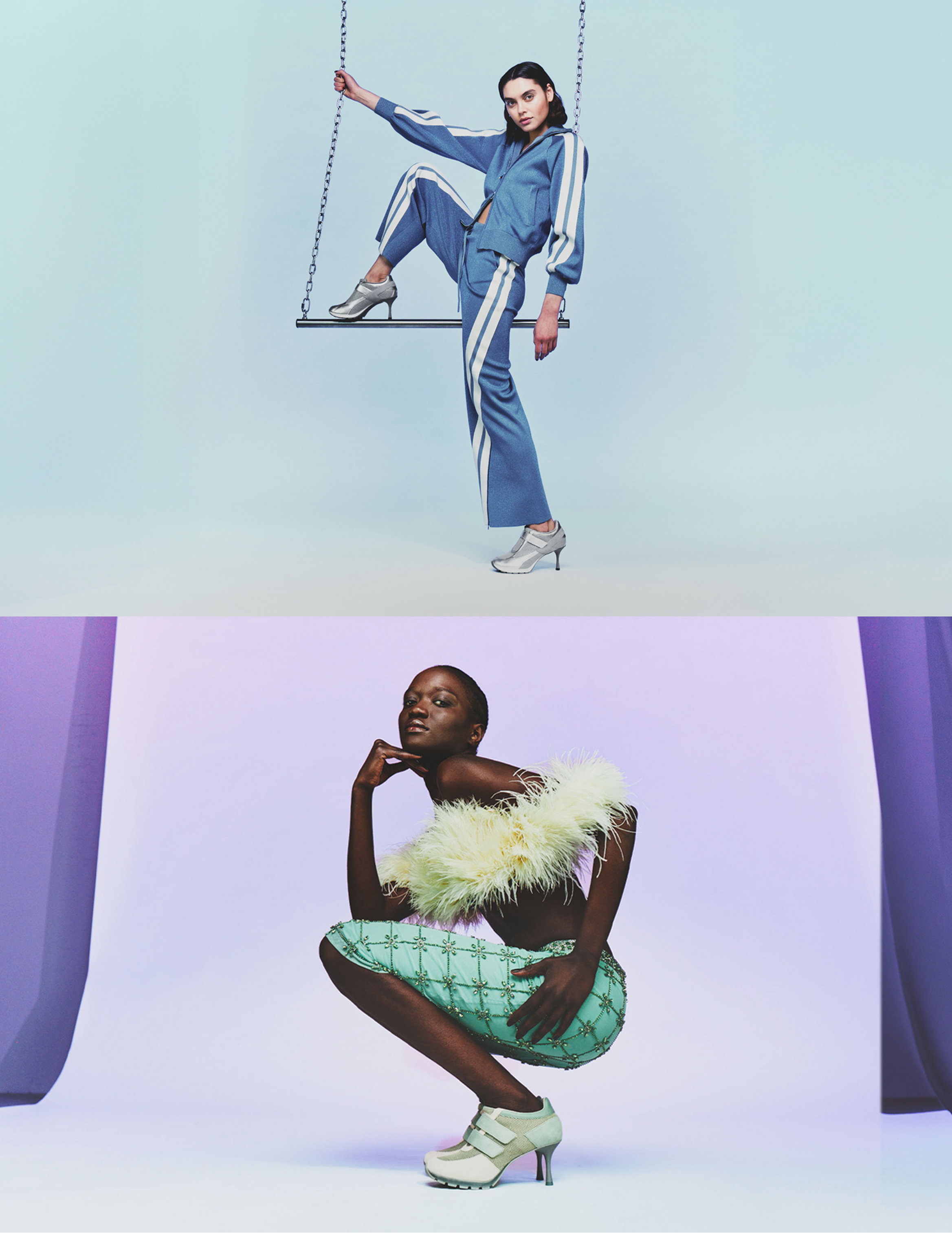 Two fashion campaign images from Sneex feature models in pastel-toned studio settings wearing contemporary apparel and statement footwear with dynamic posing and clean, modern styling.