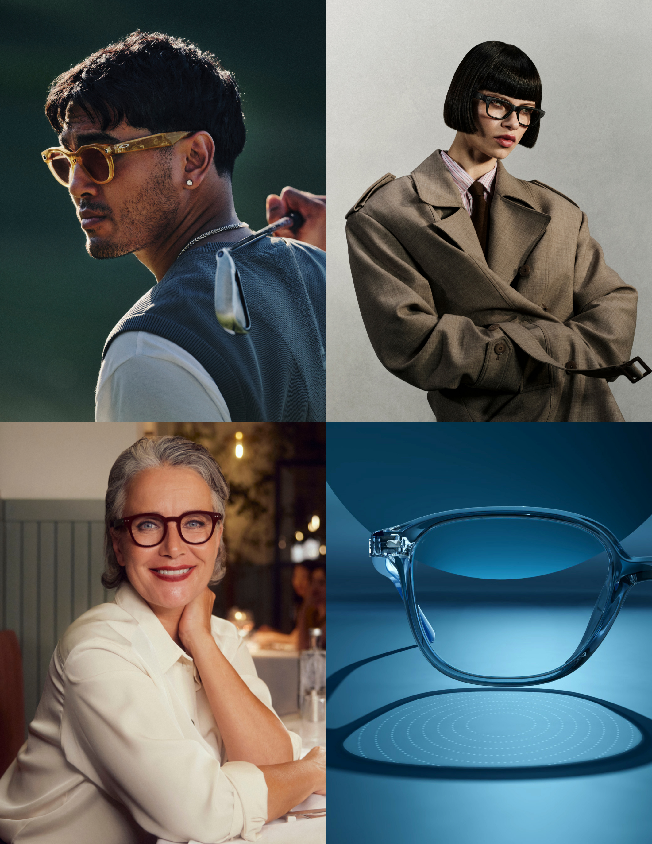 Collage featuring fashion portraits highlighting EssilorLuxottica products, abstract digital artwork of Nuance Audio glasses, and a woman seated in Ray-Ban glasses and a cream blouse.
