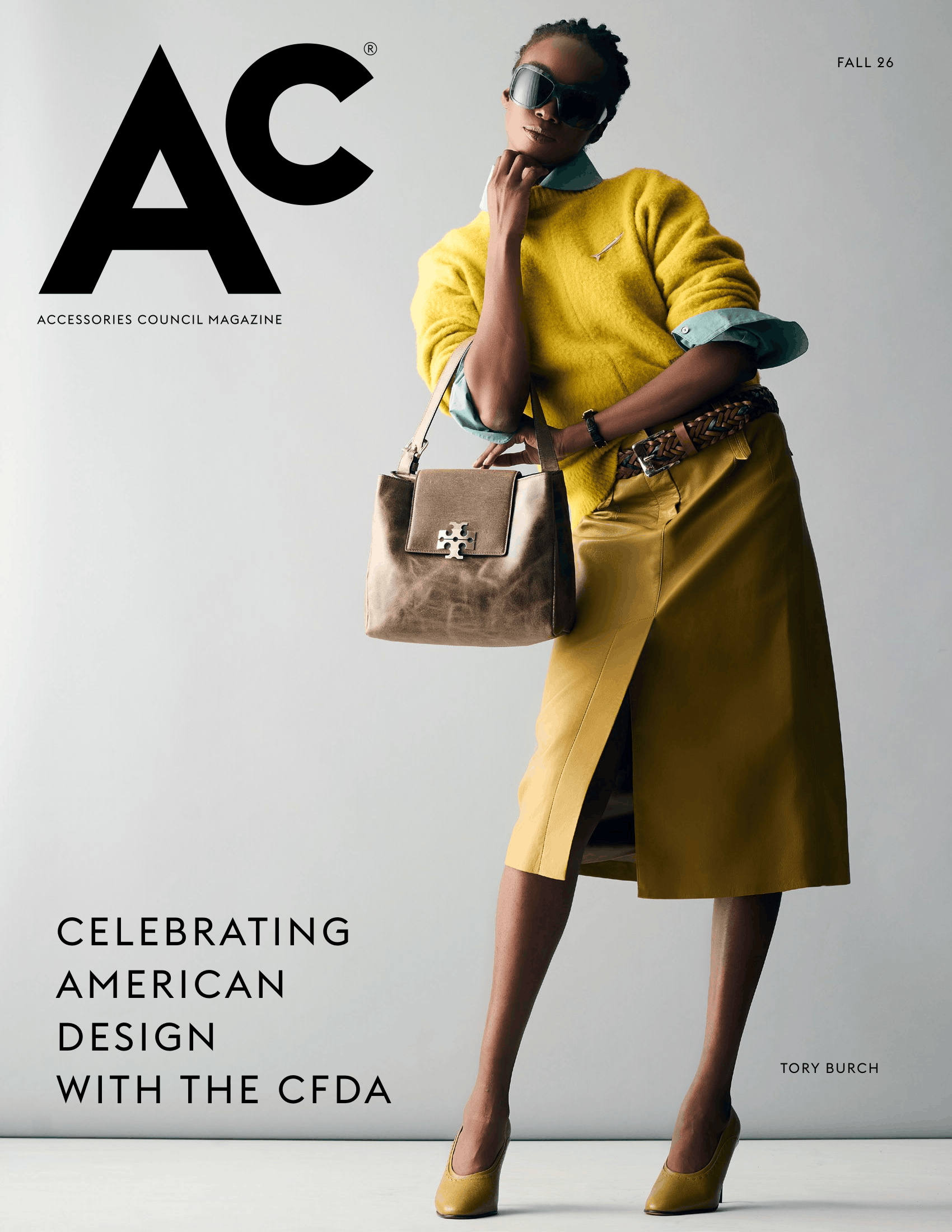 Cover of the Ac Magazine Fall 2026 Issue in Collaboration with the CFDA, featuring a model wearing a head-to-toe Tory Burch outfit.
