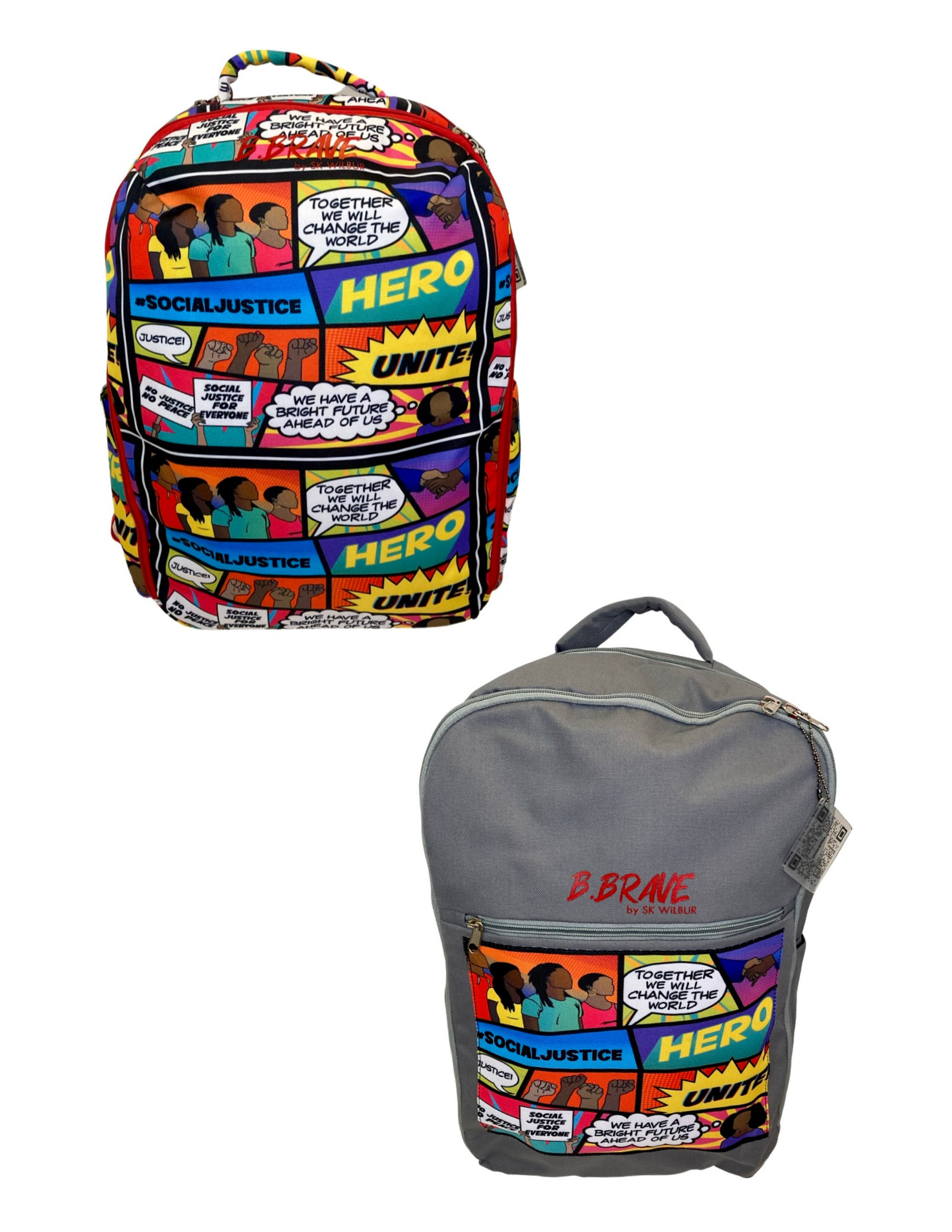 Colorful patterned backpack and gray backpack with matching vibrant graphic print, both by B.Brave by SK WILBUR