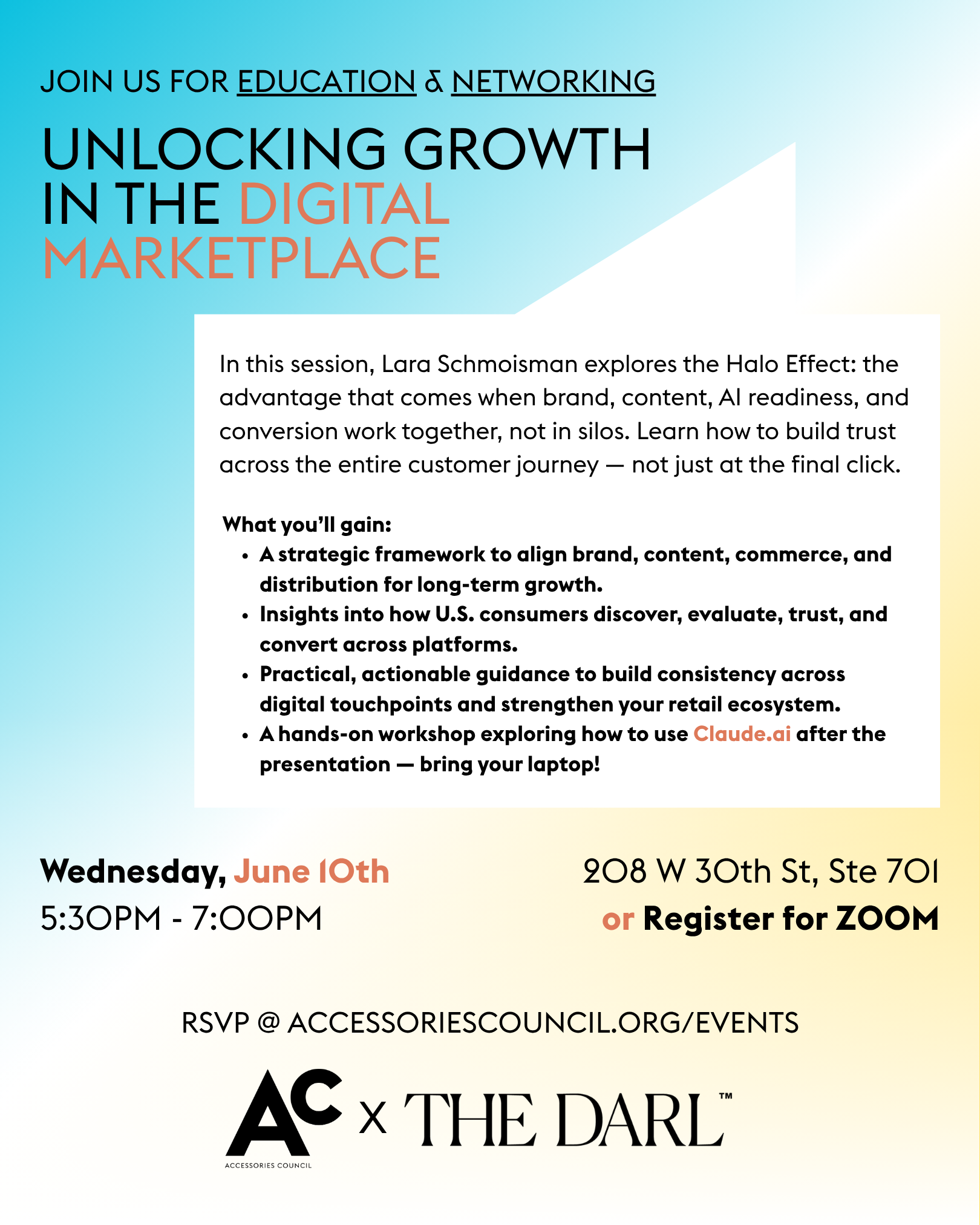 Unlocking Growth in the Digital Marketplace - Invite for Ac x The Darl Networking and Educational Presentation and Workshop
