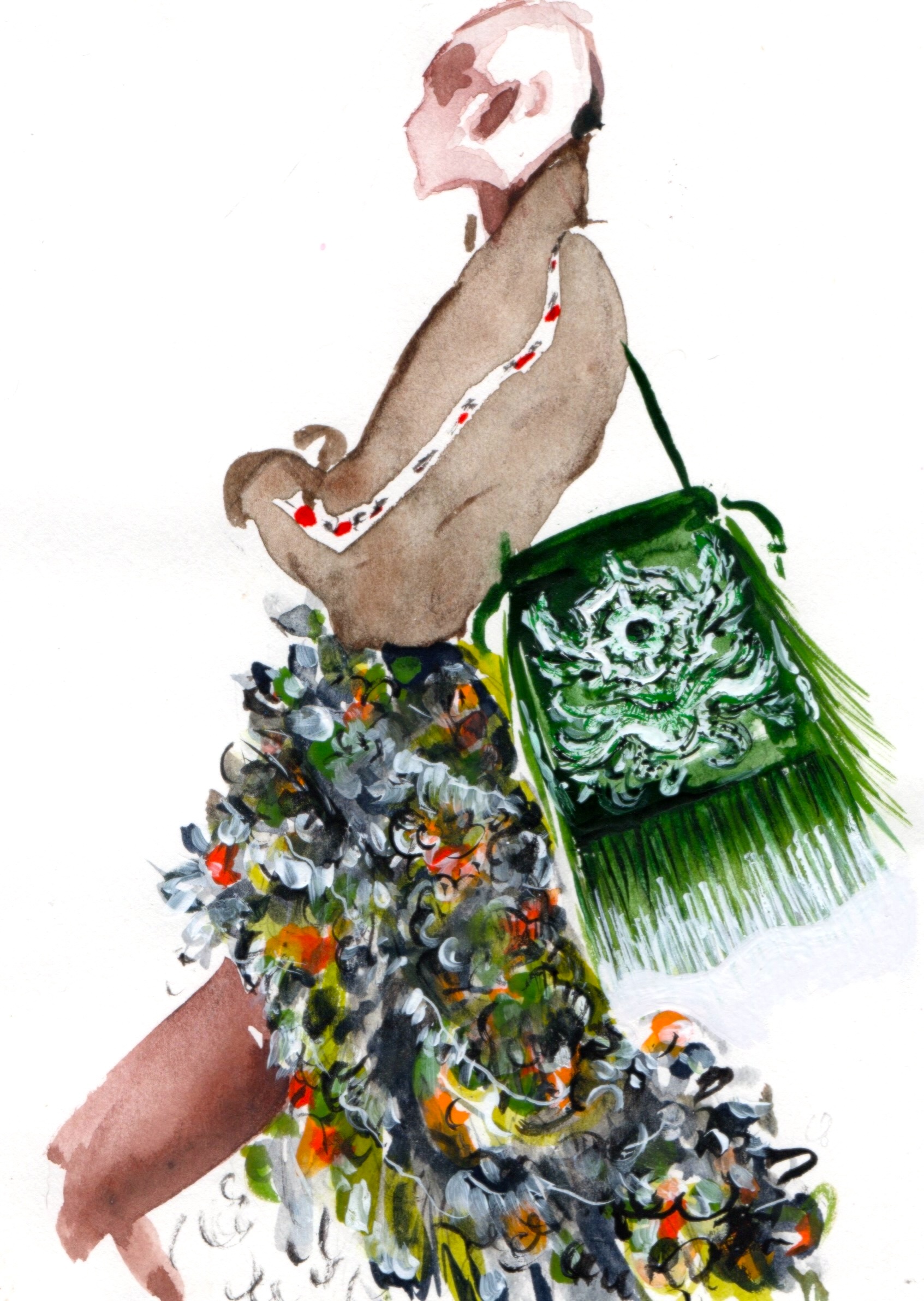 Watercolor illustration by artist Andrea Bryne of a runway look from the Etro SS26 fashion show