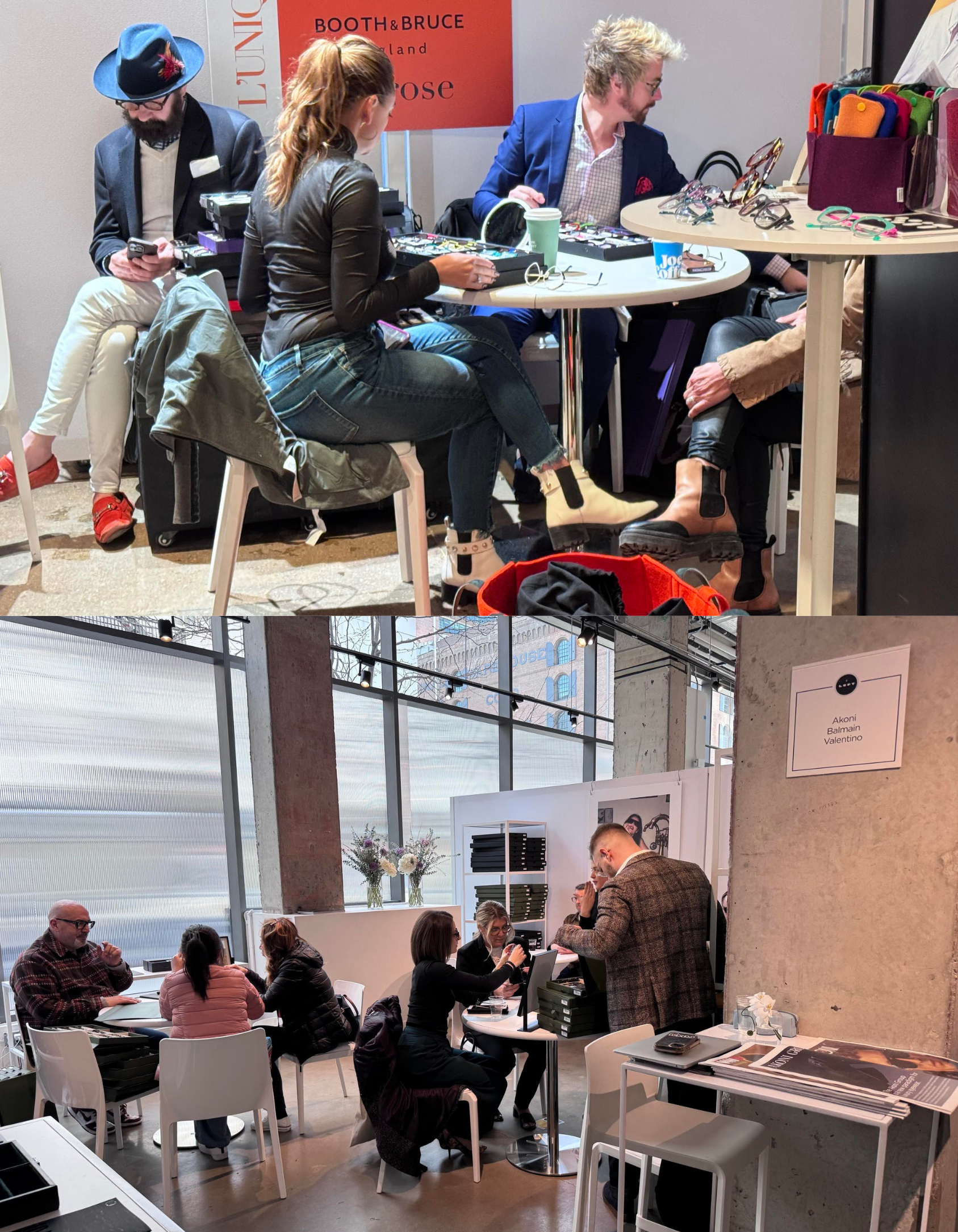 Two scenes from the LOFT Eyewear Shows, with attendees seated at small tables reviewing eyeglass frames and meeting inside a bright showroom space