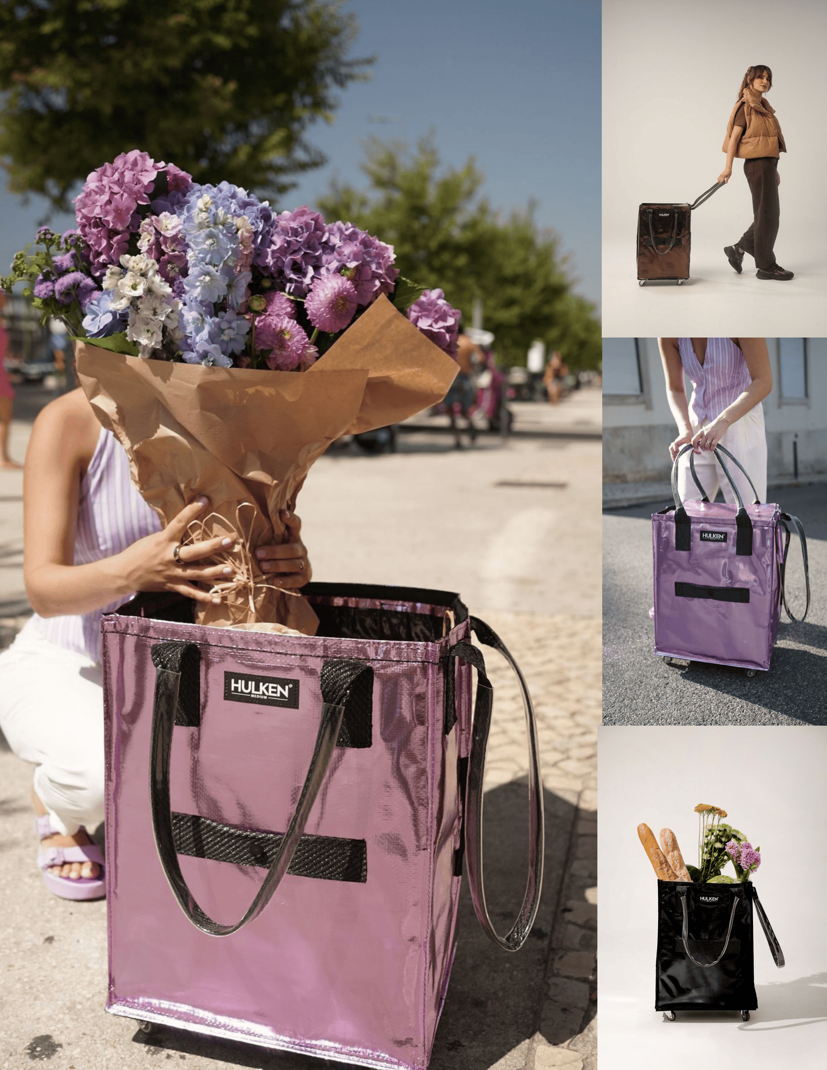 A collage of Hulken Signature Rolling Tote Bags in various sizes being used in different situations, holding flowers, groceries, etc