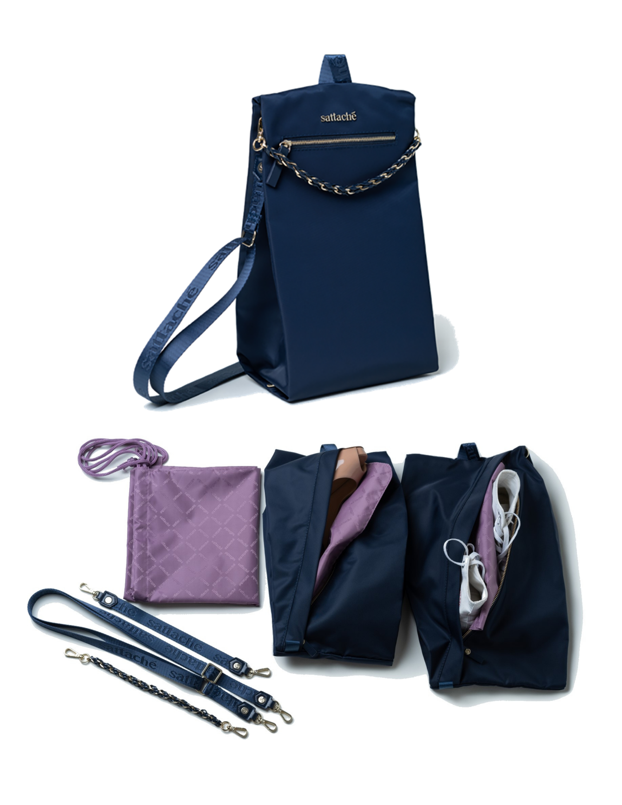Blue leather crossbody shoe travel bag with coordinating small accessories and straps, by Sattaché