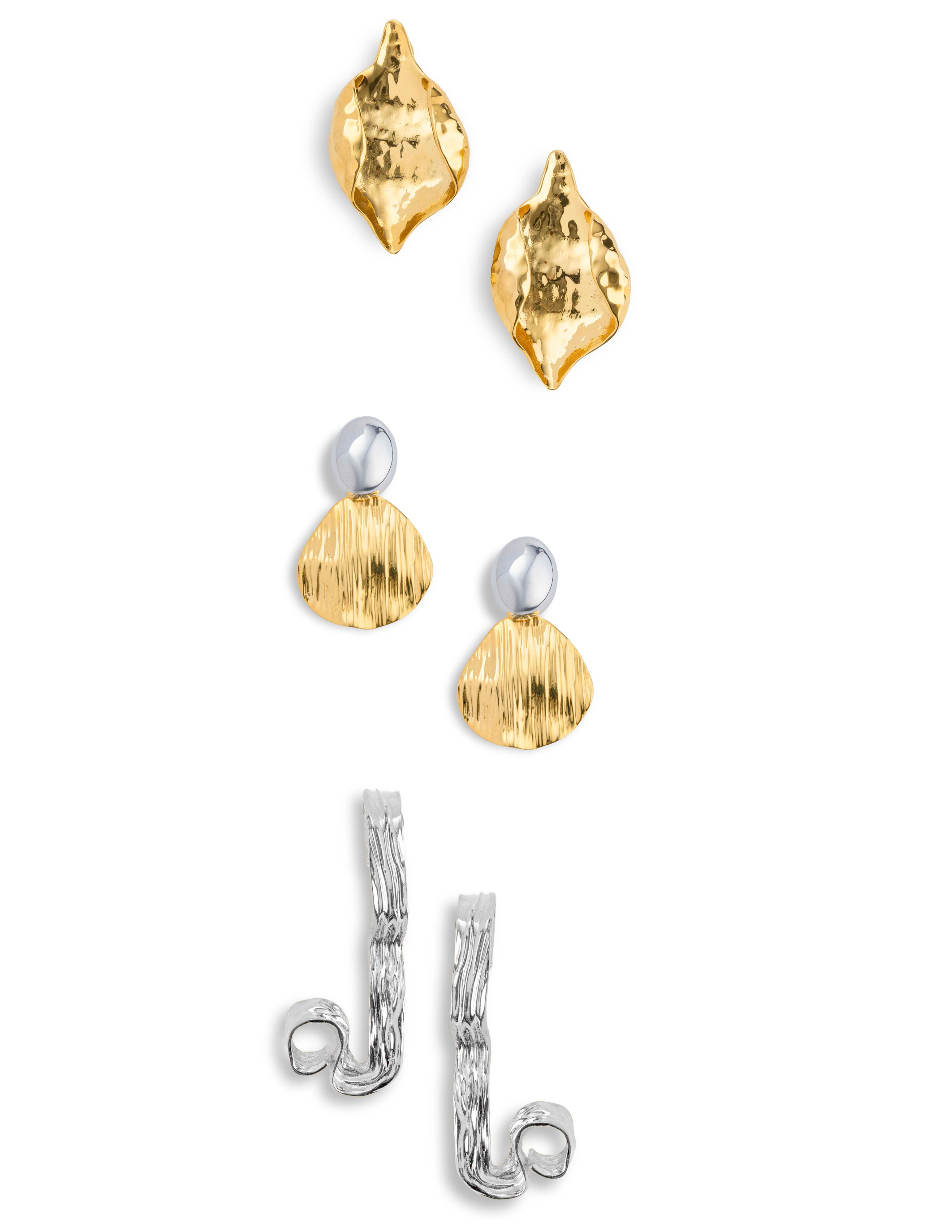 Assorted gold and silver statement earrings by NAVEDA displayed on a white background