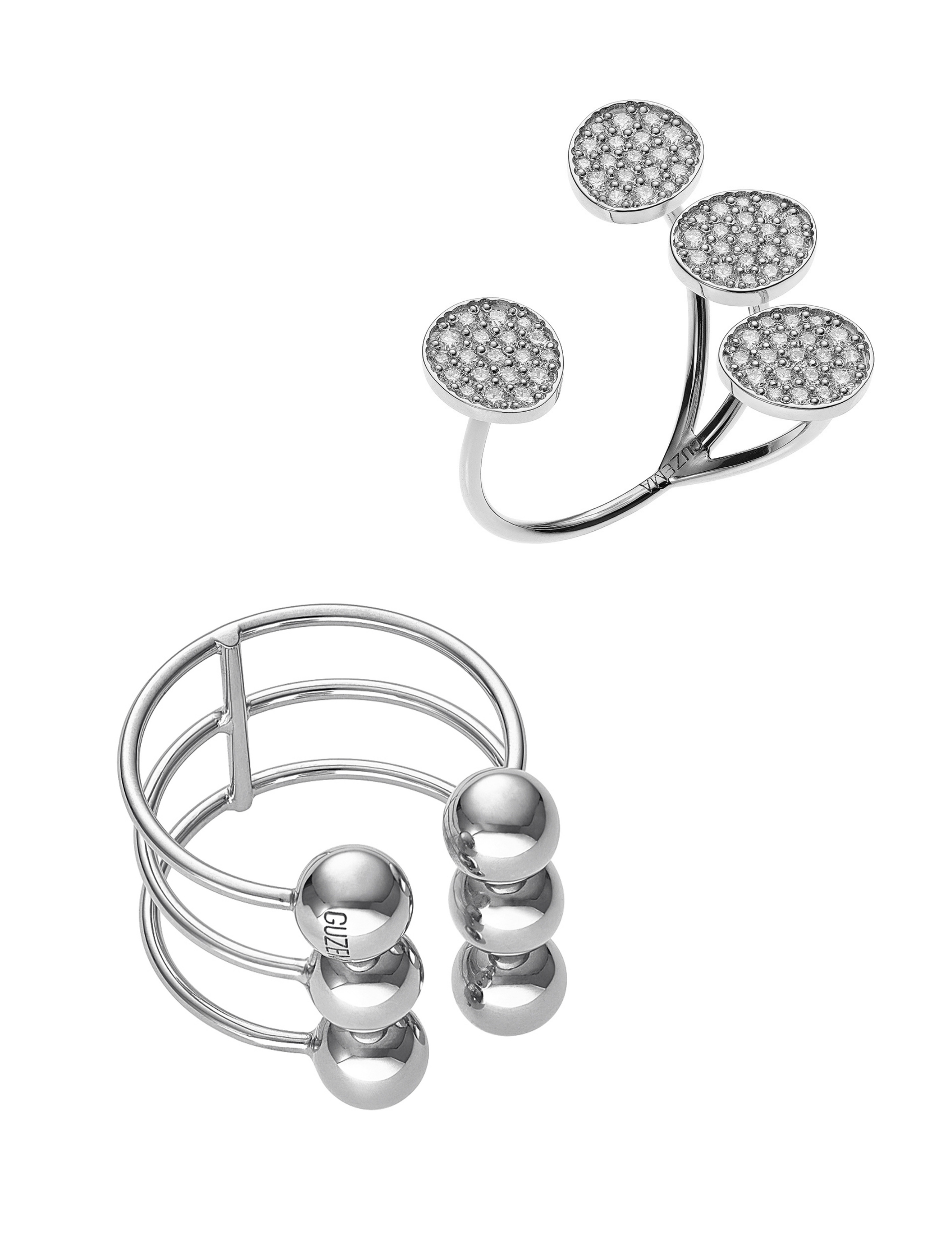 Modern triple layer silver ring with ball detailing, and floral-inspired ring with textured detail, both by Guzema Fine Jewelry