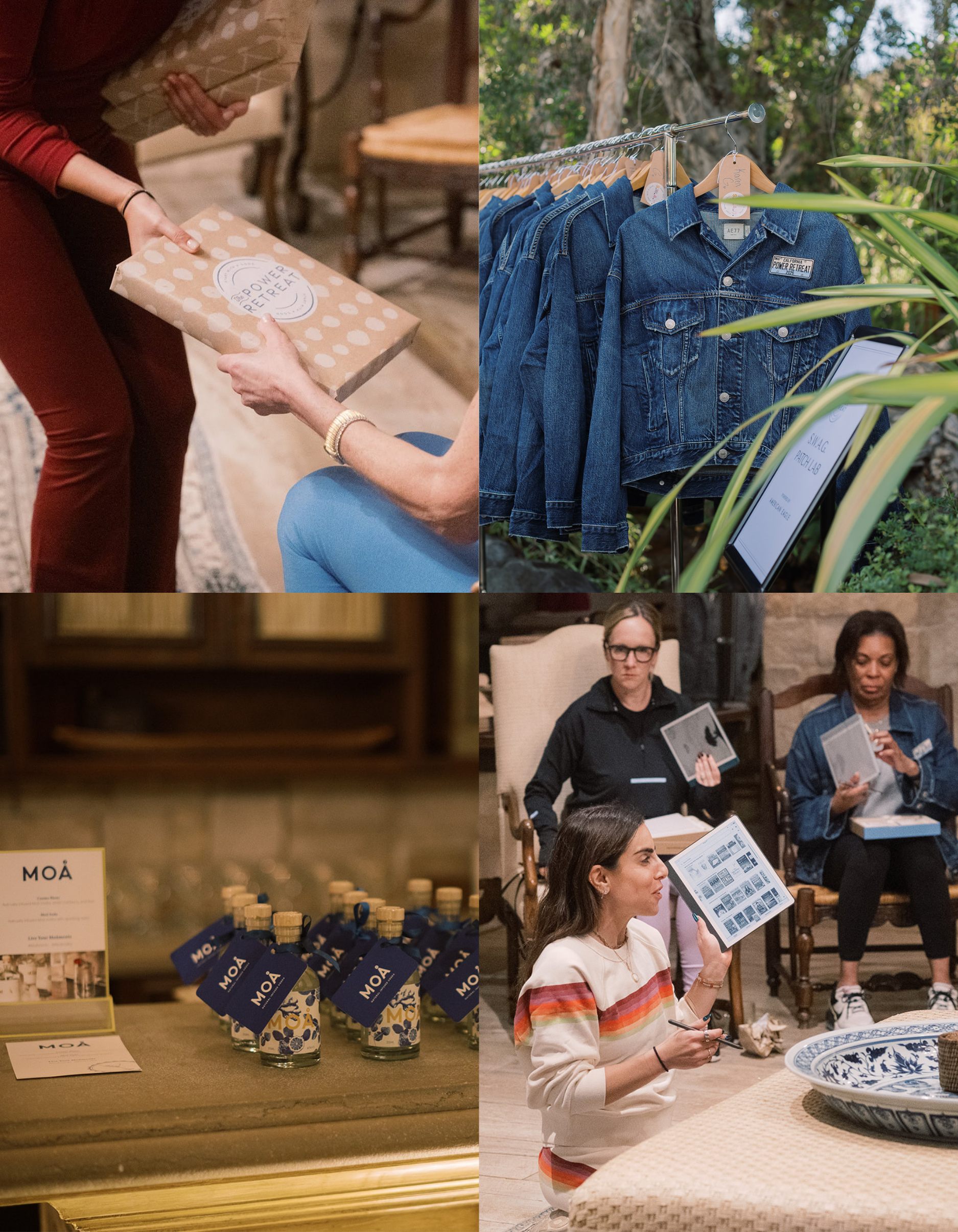 A collage of event moments: a person handing over a polka-dot wrapped gift with a “Power Retreat” sticker; denim jackets displayed on a clothing rack outdoors; small bottles with MOA labels arranged on a table; and a seated group discussion where attendees unbox Kindles during a retreat-style gathering
