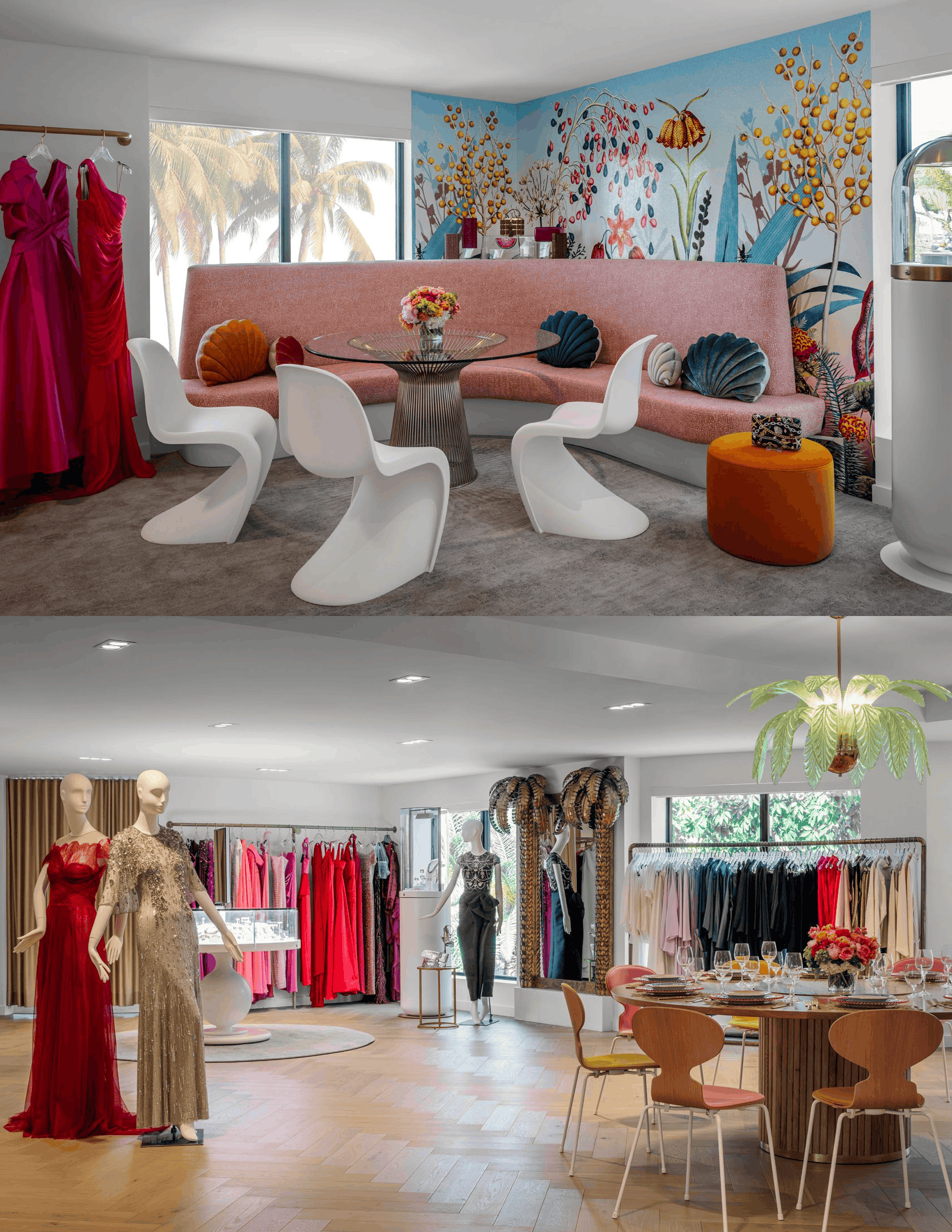 Top:Interior of Marissa Collections featuring a curved blush banquette, white sculptural chairs, colorful floral mural walls, and vibrant evening gowns displayed beside large windows overlooking palm trees. Bottom: Open-concept retail space inside Marissa Collections with designer eveningwear displays, mannequins in embellished gowns, dining-style seating, and tropical-inspired décor throughout the boutique.