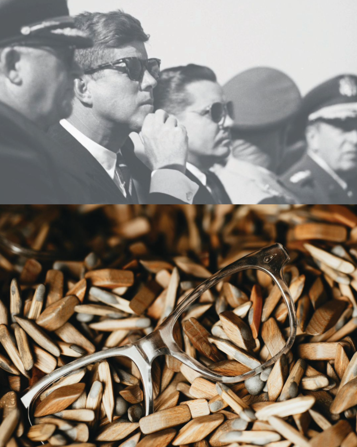 JFK wearing sunglasses and glasses laying in wood chips