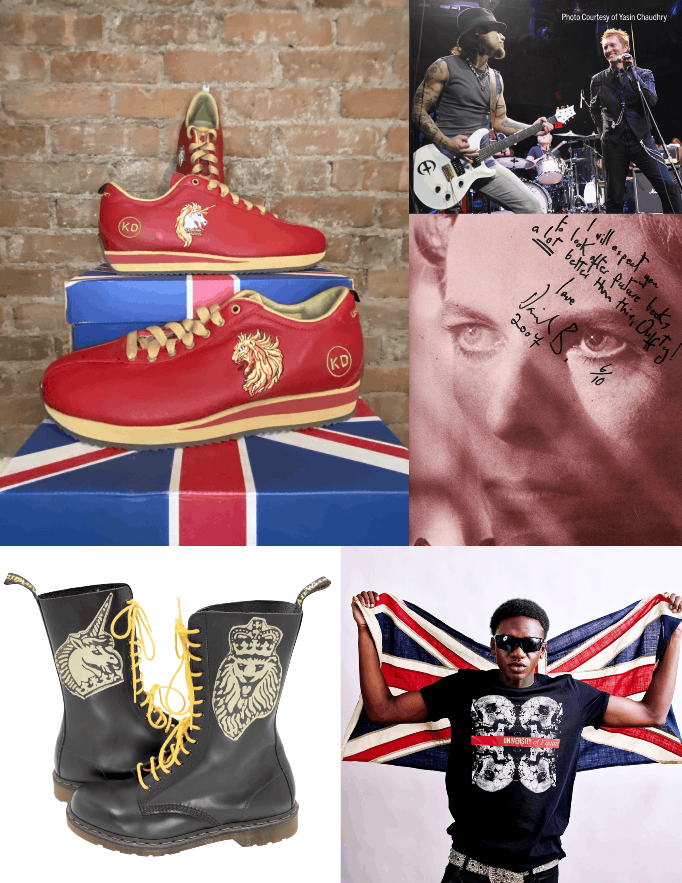 A collage of images showcasing Keanan Duffty's career from music to fashion design