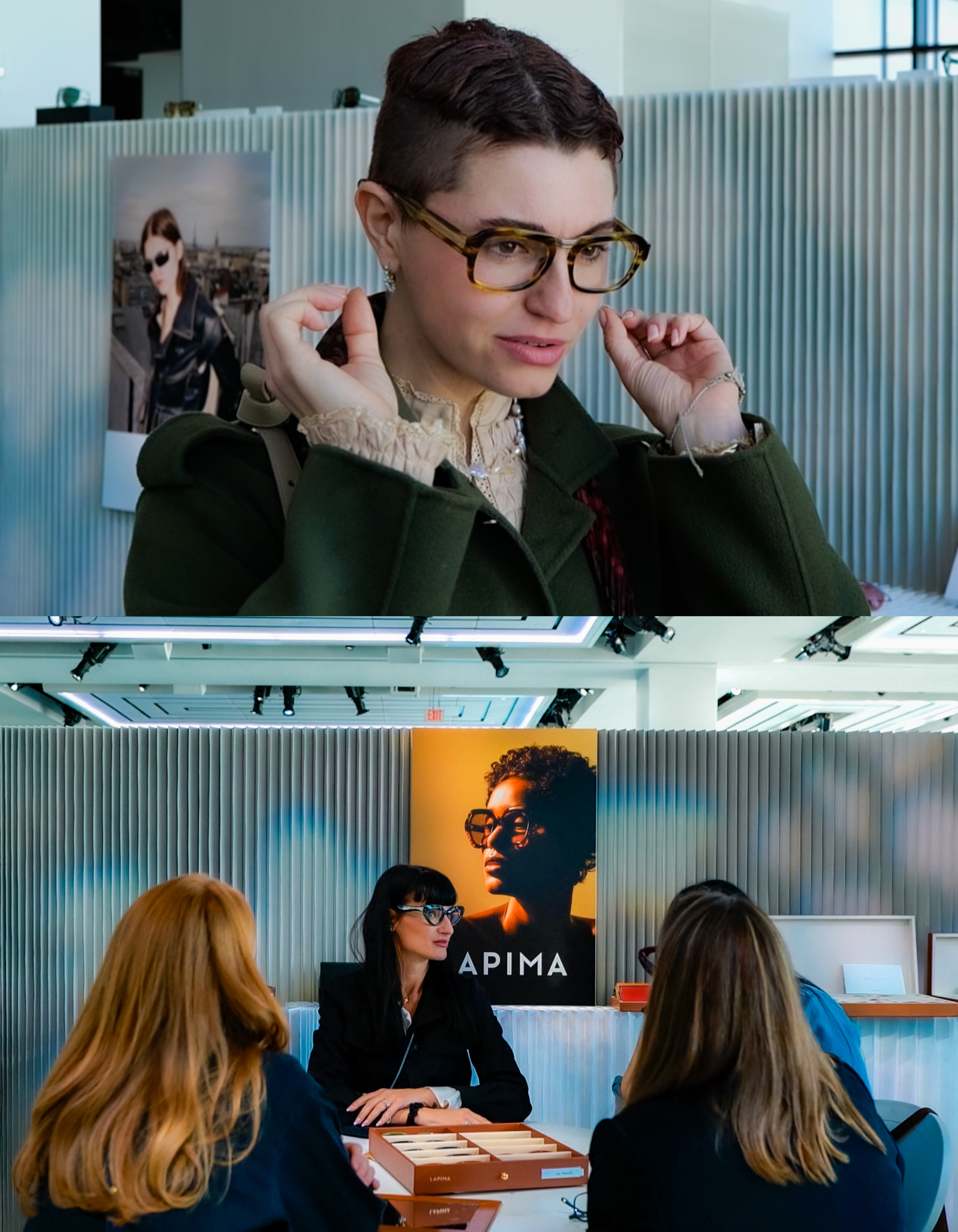 Top image: An attendee tries on tortoiseshell eyeglasses while browsing displays at the EYECON in New York City, highlighting the show’s focus on design and personal style. Bottom image: A brand representative presents eyewear samples to buyers at a table beneath a large brand poster during the EYECON in New York City, illustrating the show’s business and networking environment