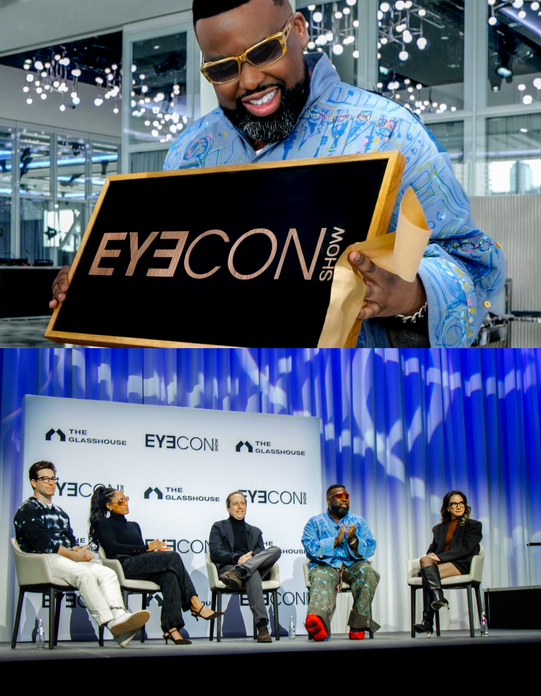 Top image: Tarrence Lakran holds a framed sign reading “EYECON Show” inside a modern exhibition space with bright hanging lights, celebrating the energy of the EYECON eyewear show. Bottom image: Panelists sit onstage during a discussion at the EYECON eyewear show, with event branding and a softly lit stage backdrop behind them