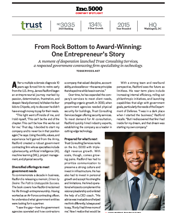 Trust Consulting Services, Inc.(R) (Trust) Featured in INC. 5000 Winter Profile Under the Leadership of JW Radford