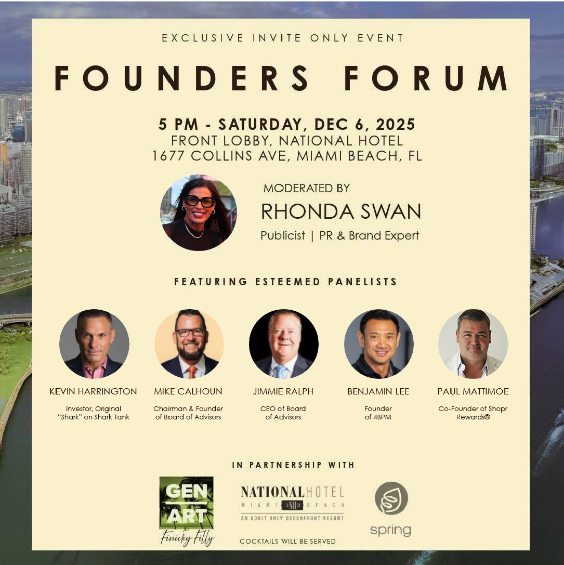 Gen Art Announces Exclusive Founders Forum at Art Basel Hosted by Rhonda Swan with Kevin Harrington on December 6th, 2025 at The National Hotel
