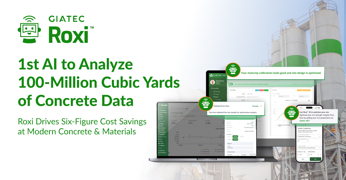 Giatec's Roxi Becomes the 1st Concrete AI Program to Analyze 100-Million Cubic Yards of Concrete Data, Driving an Initial Six-Figure Savings for Modern Concrete & Materials