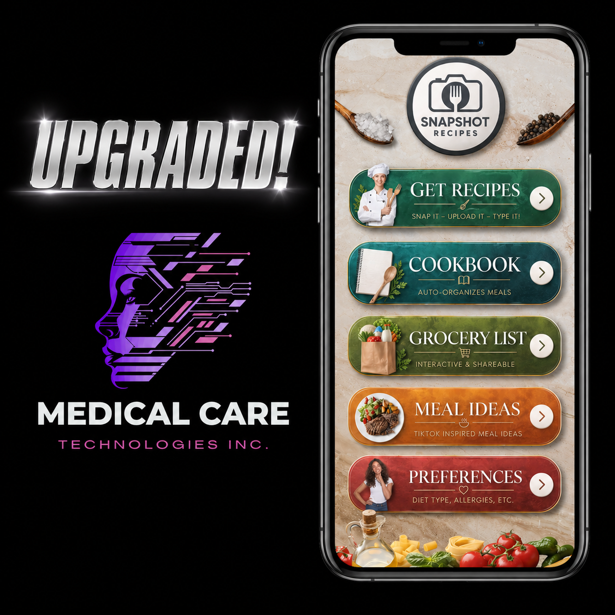 Medical Care Technologies Inc. (OTC PINK:MDCE) Unveils Snapshot Recipes Redesign with Advanced AI, Beverage Integration, and Smart Cookbook Features