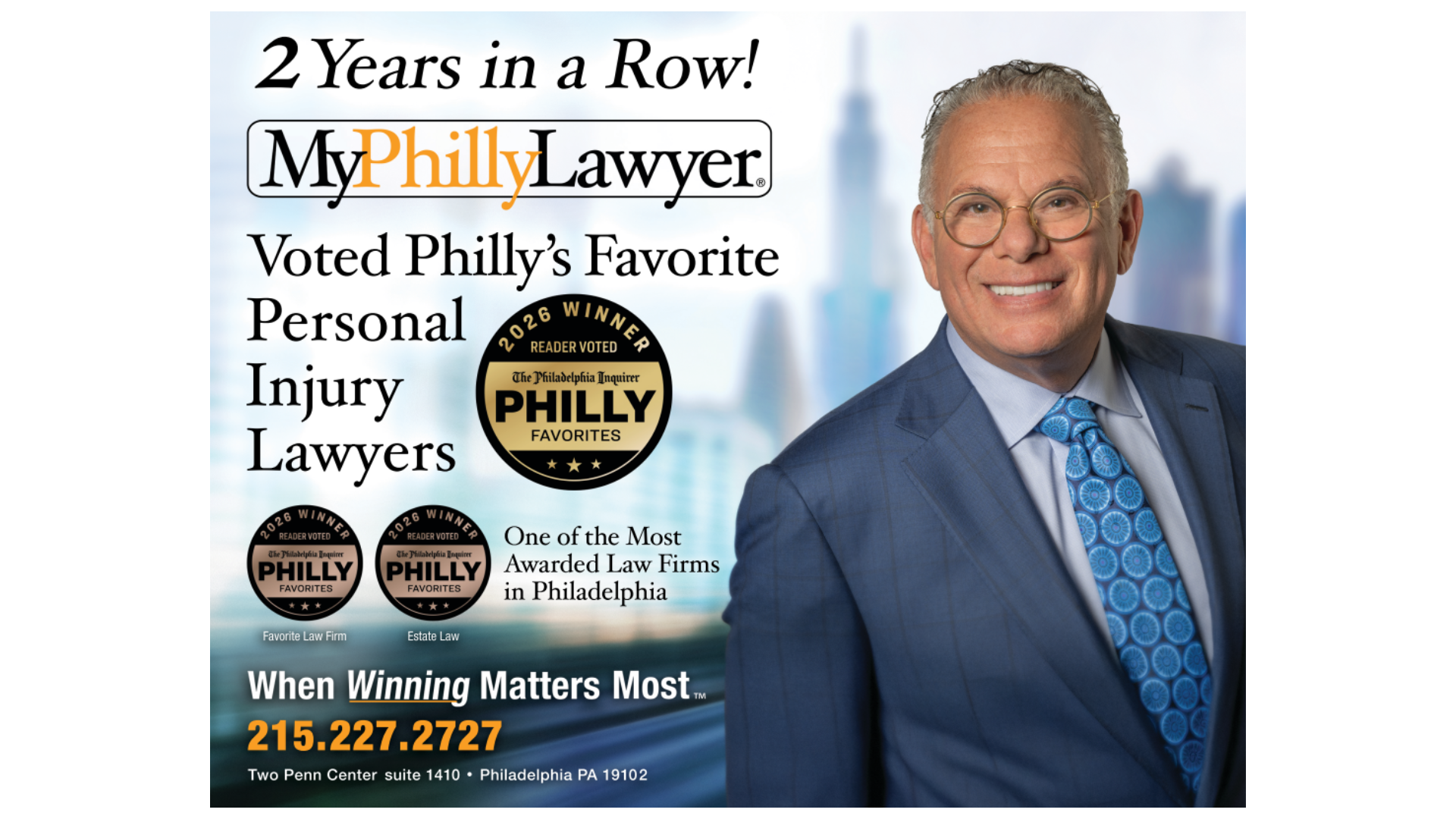 MyPhillyLawyer in Philadelphia Earns Second Straight Gold in Personal Injury in 2026 Philly Favorites