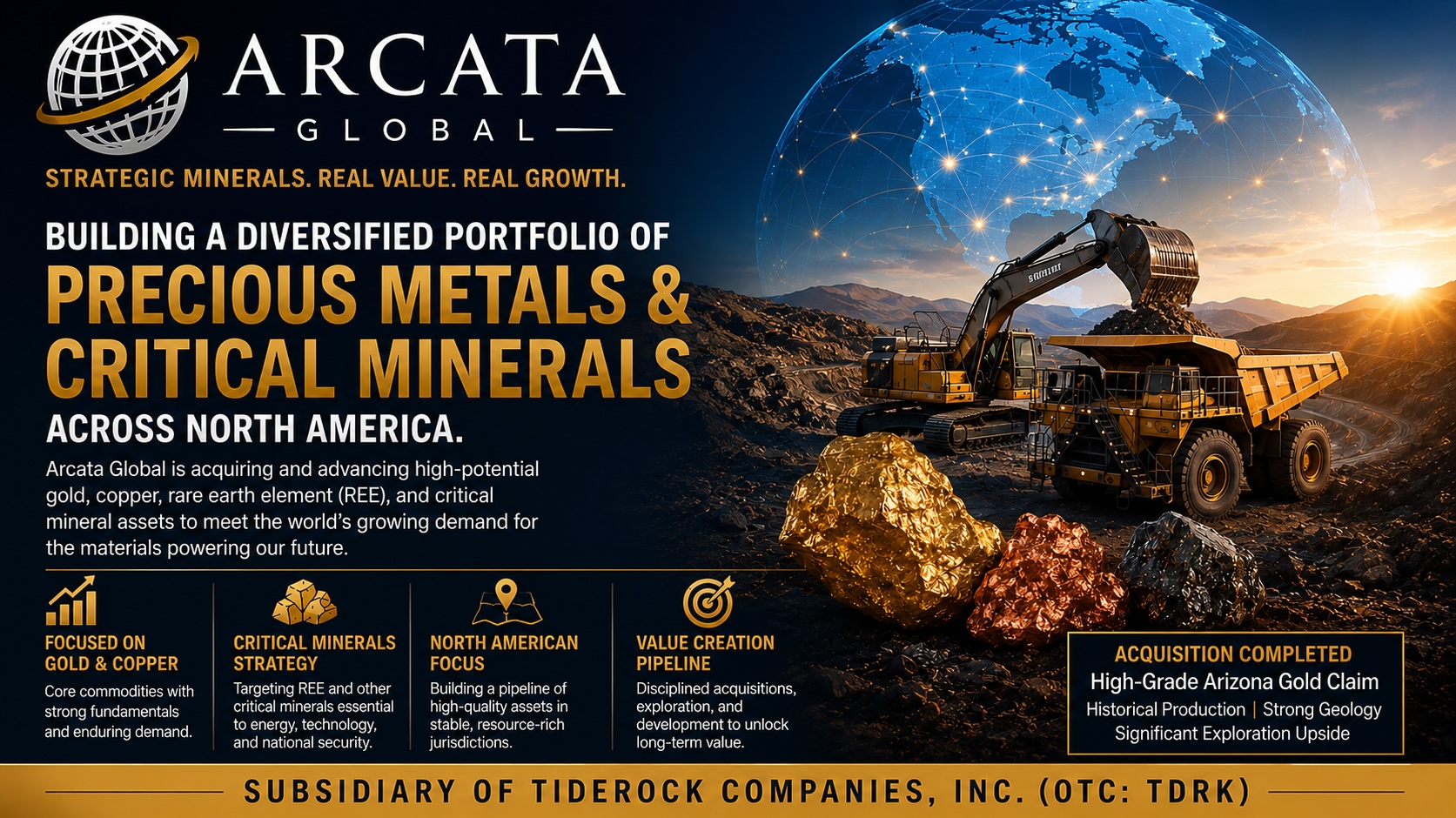 Tiderock Companies (OTC: TDRK) Expands Into U.S. Gold Mining Through Acquisition of Institutional Commodities Platform Arcata Global