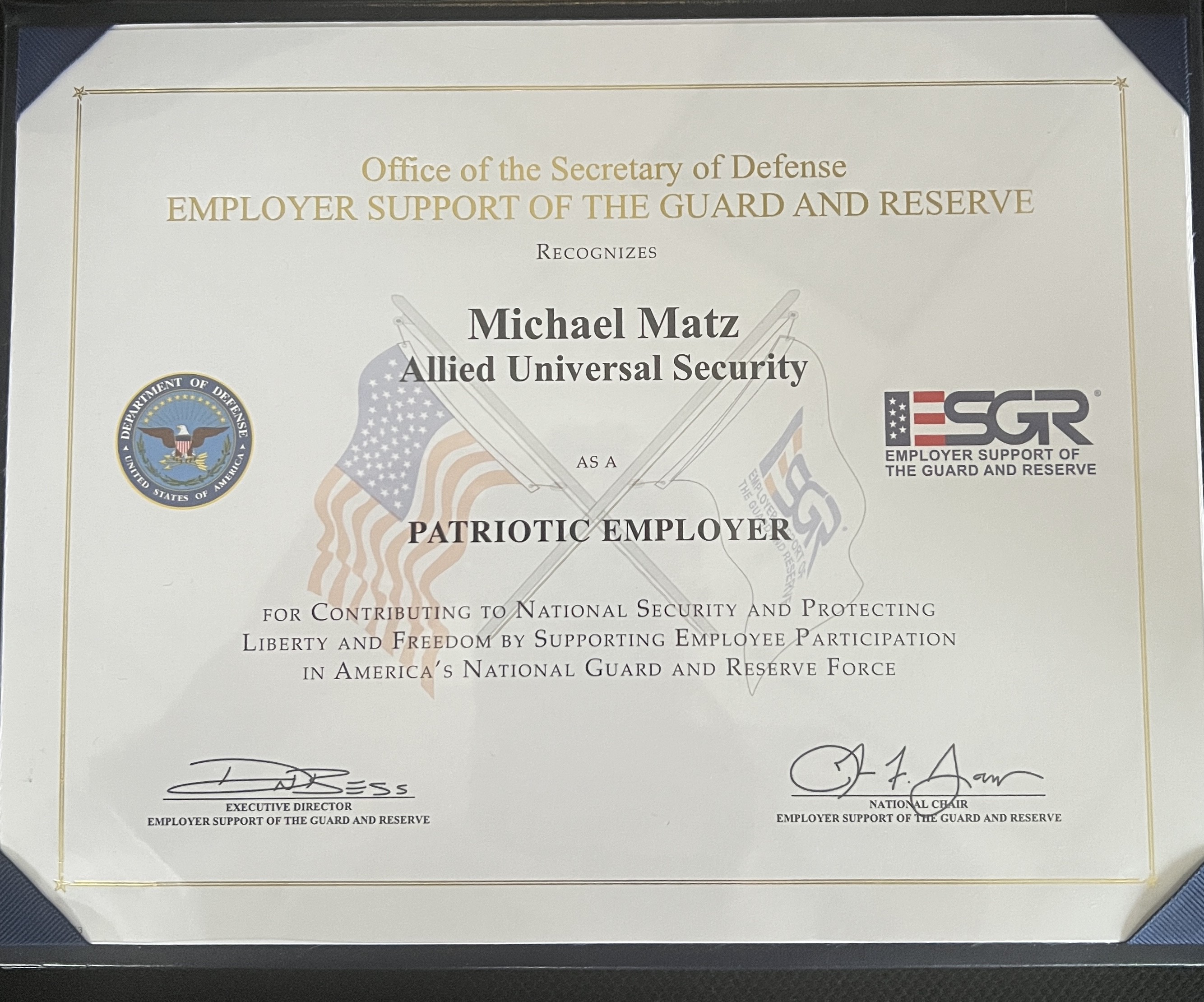 Allied Universal Long Island Branch Manager Receives Patriot Award From Office of U.S. Secretary of Defense
