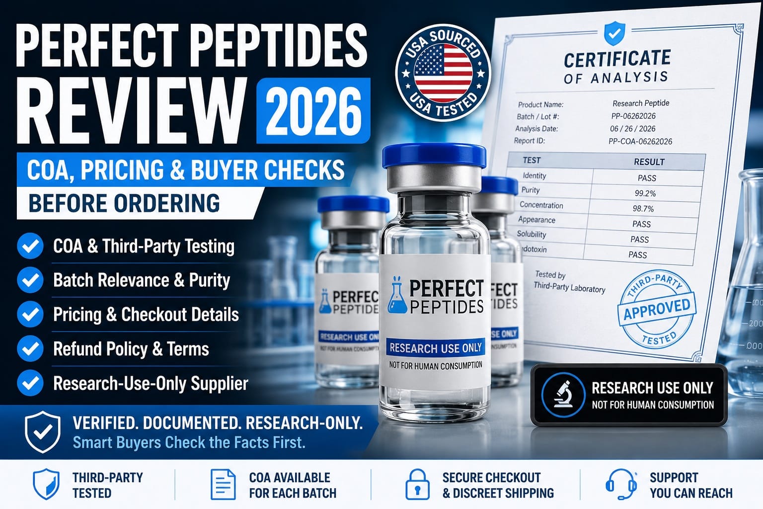 Perfect Peptides Review 2026: COA, Pricing, and Research-Only Buyer Checks Before Ordering