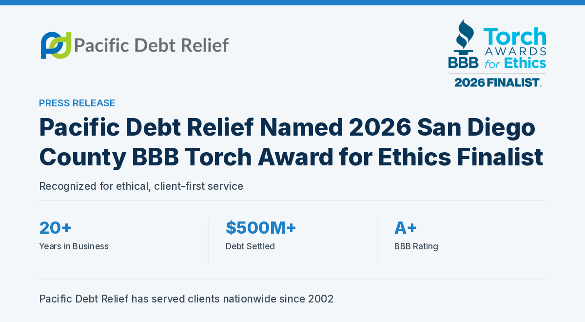 Pacific Debt Relief Named Finalist of 2026 San Diego County BBB Torch Awards for Ethics