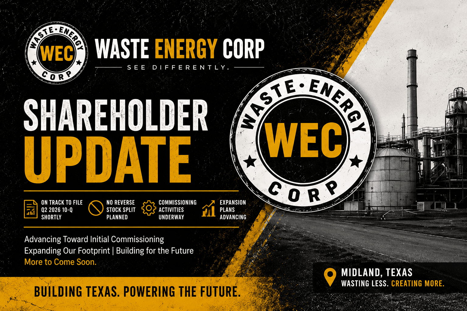 Waste Energy Provides Shareholder Update as Midland Campus Advances Toward Initial Commissioning