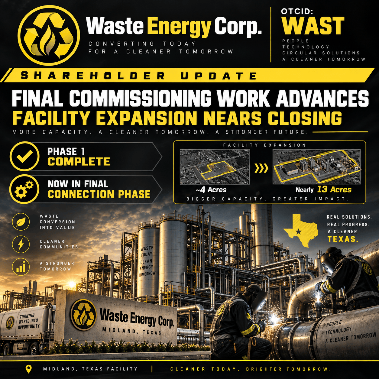 Waste Energy Releases Shareholder Update: Final Commissioning Work Advances as Facility Expansion Nears Closing 