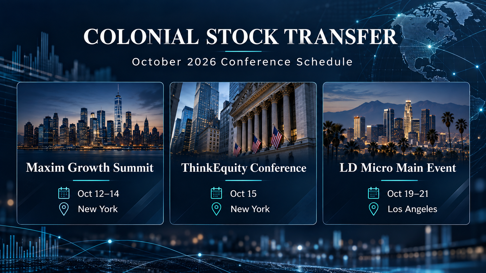 Colonial Stock Transfer to Sponsor Three Capital Markets Conferences in October 2026