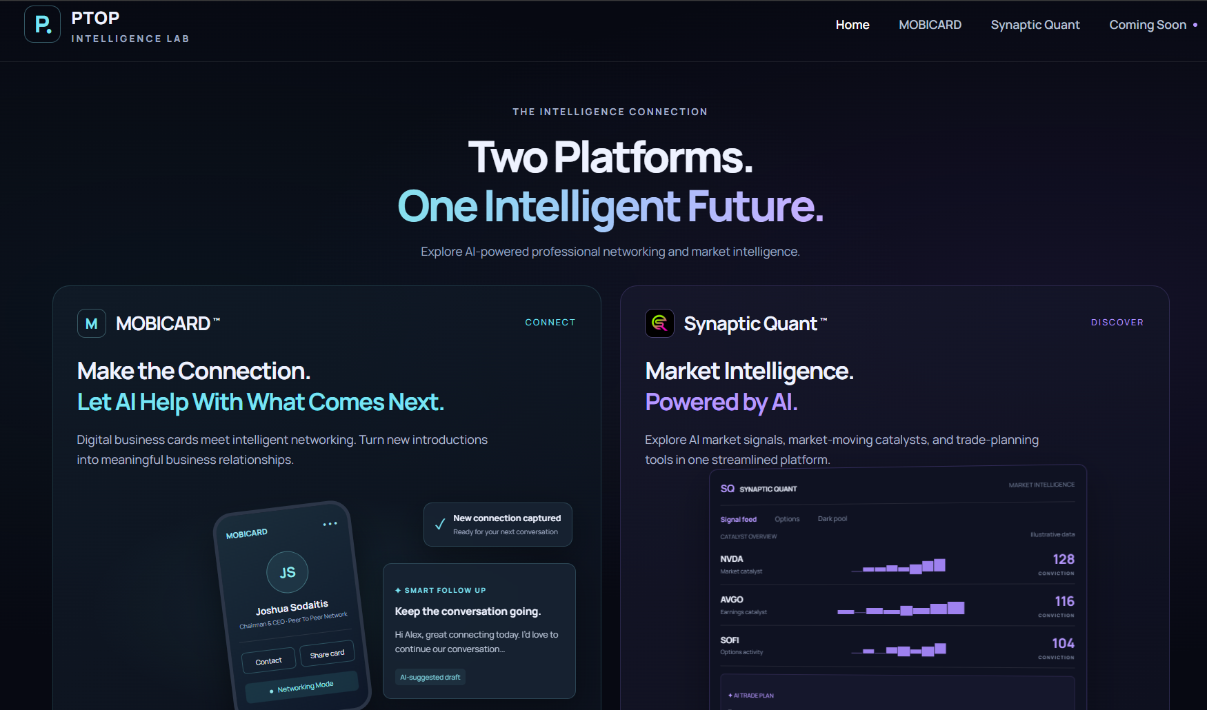 Peer To Peer Network Launches PTOP Intelligence Lab Website Featuring MOBICARD(TM) and Synaptic Quant(TM)