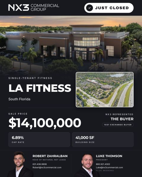 NX3 Commercial Group Represents Buyer in $14.1 Million Sale of Single-Tenant LA Fitness in Coconut Creek, Florida