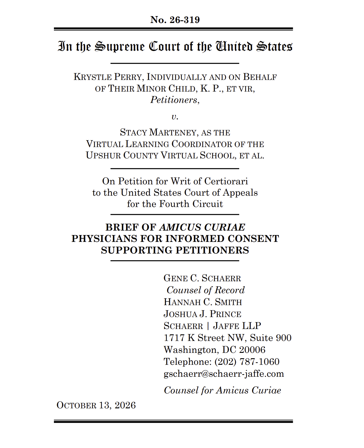 Physicians for Informed Consent Files Amicus Brief with U.S. Supreme Court to Protect Religious Freedom for Virtual Public School Students