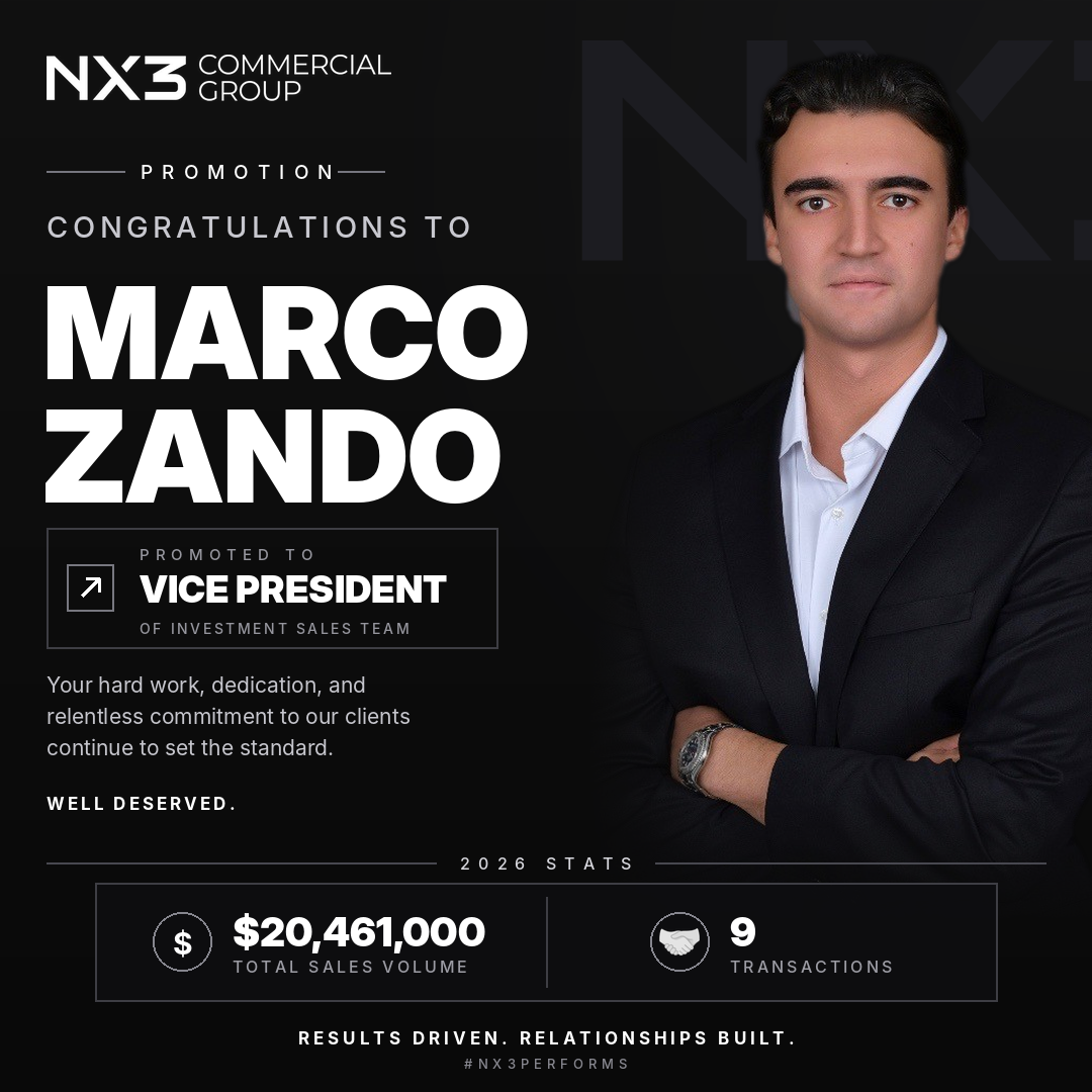 NX3 Commercial Group Promotes Marco Zando to Vice President, Investment Sales Team After $20.4 Million Year to Date; Adds Siebert and Miller