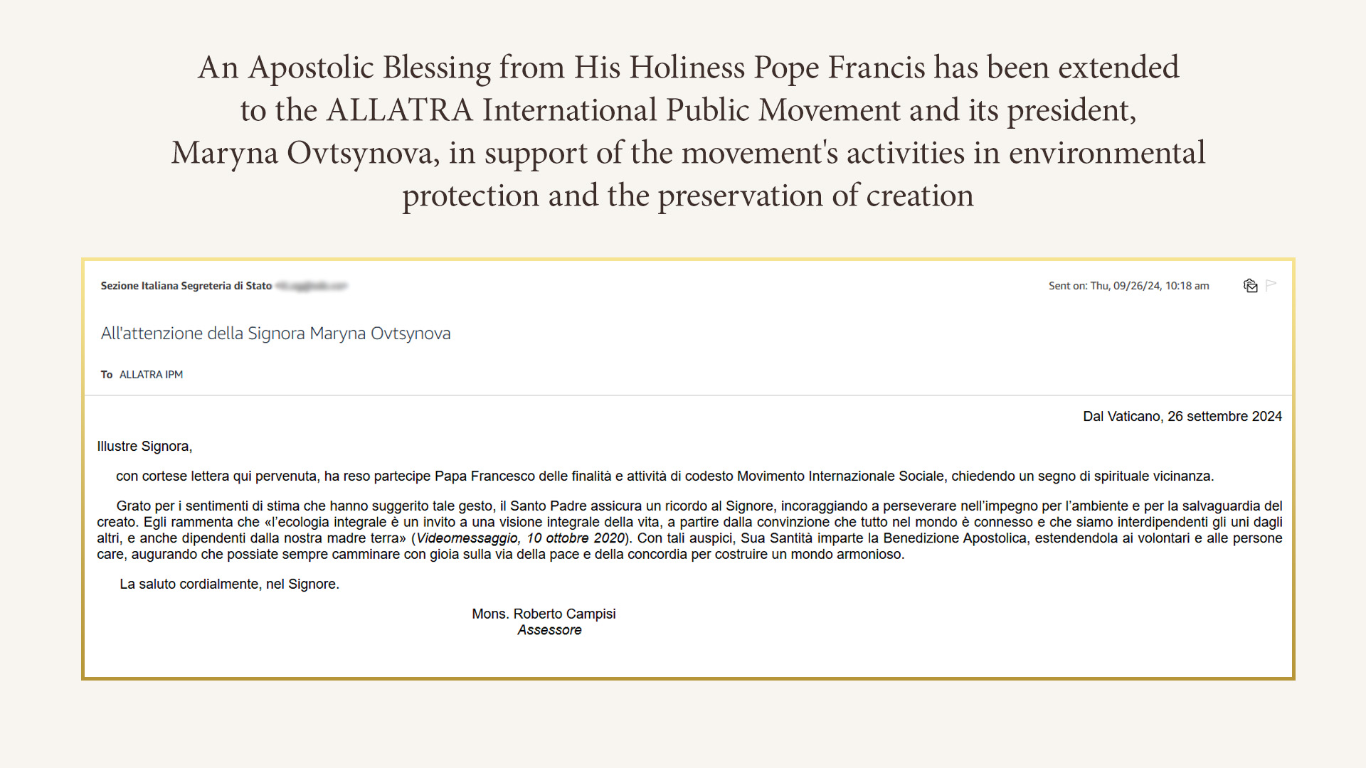ALLATRA International Public Movement Receives Apostolic Blessing from Pope Francis