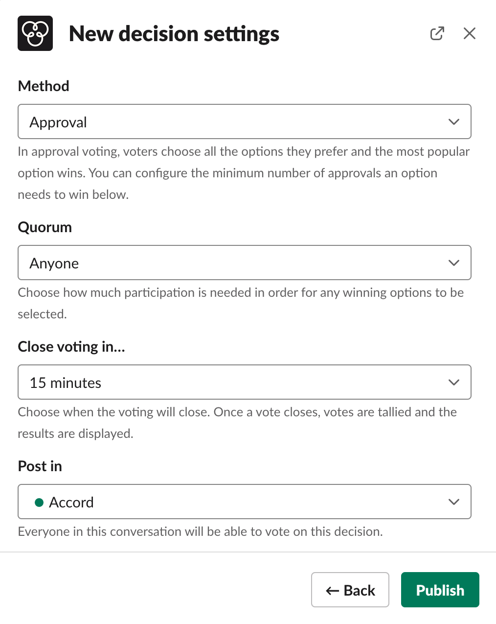 The settings step in the decision creation modal