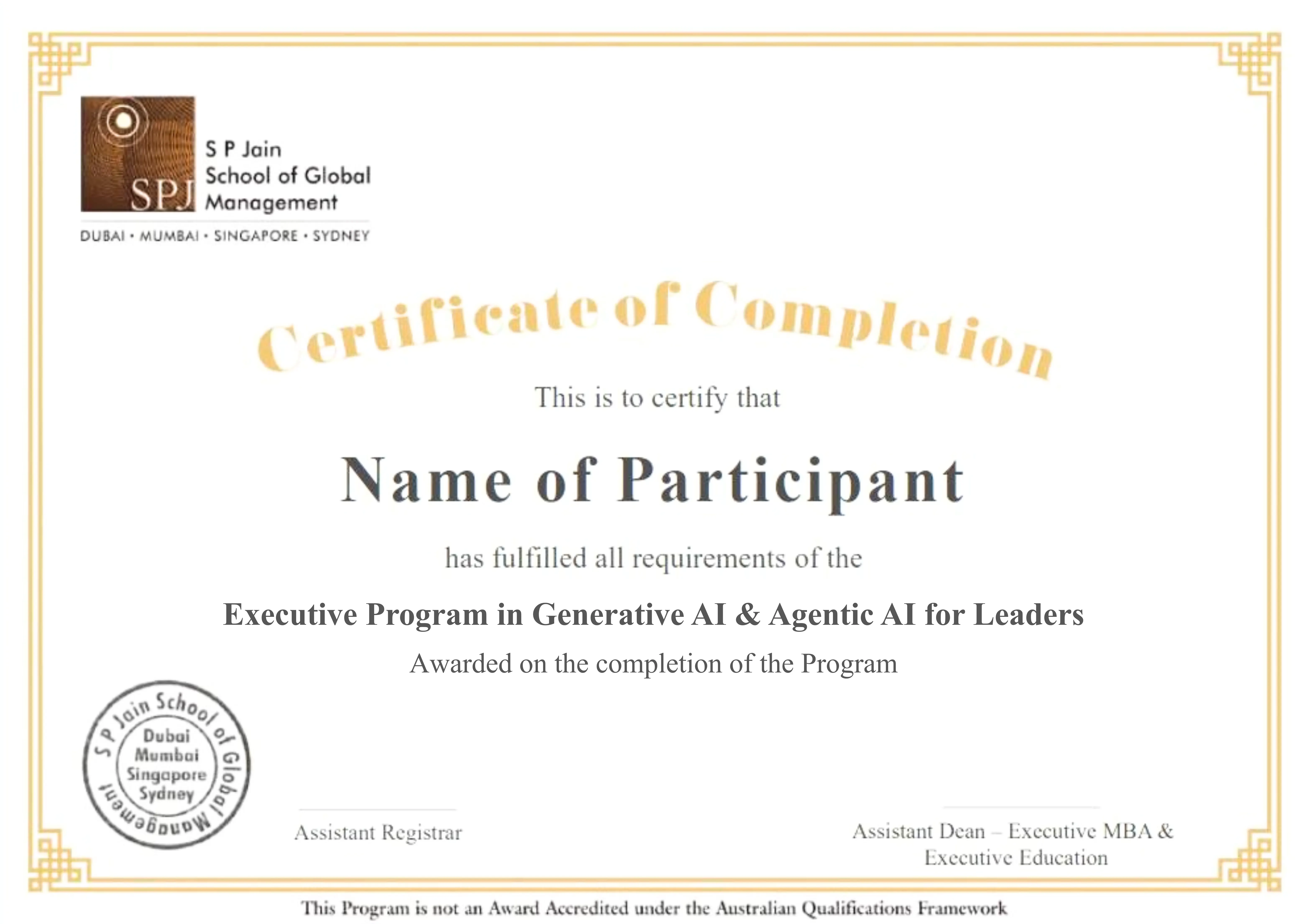 Executive Program in Generative AI & Agentic AI for Leaders Certificate - SP Jain School of Global Management